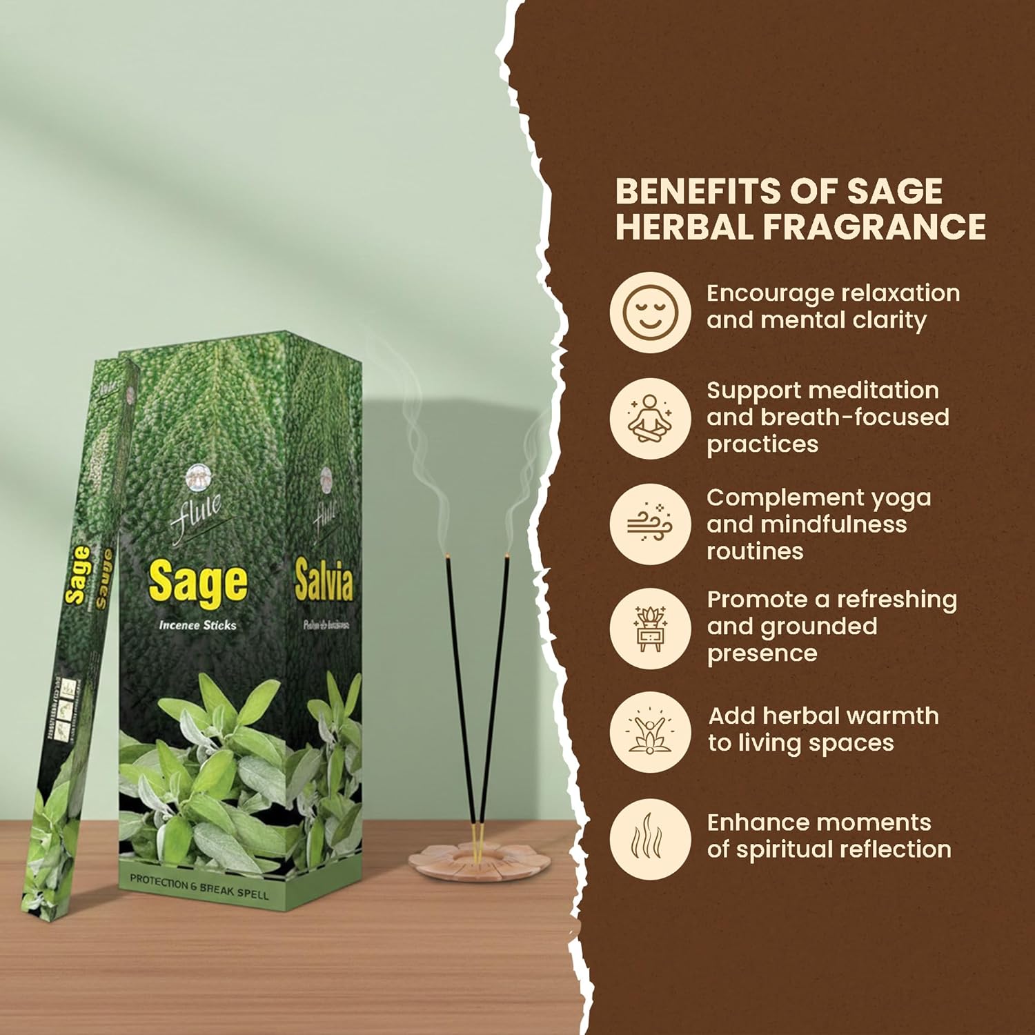 Flute Sage Incense Sticks – Herbal Sage Premium Incense for Relaxation, Meditation & Mindful Living – 8 Sticks/Pack, 25 Packs/Box (9 Inch, 200 Sticks) | 40 Minutes Burn Time