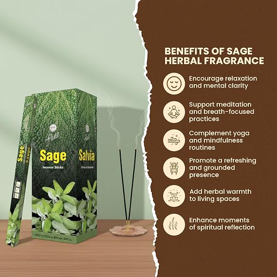 Flute Sage Incense Sticks Herbal Sage Premium Incense for Relaxation, Meditation & Mindful Living 8 Sticks/Pack, 25 Packs/Box (9 Inch, 200 Sticks) | 40 Minutes Burn Time