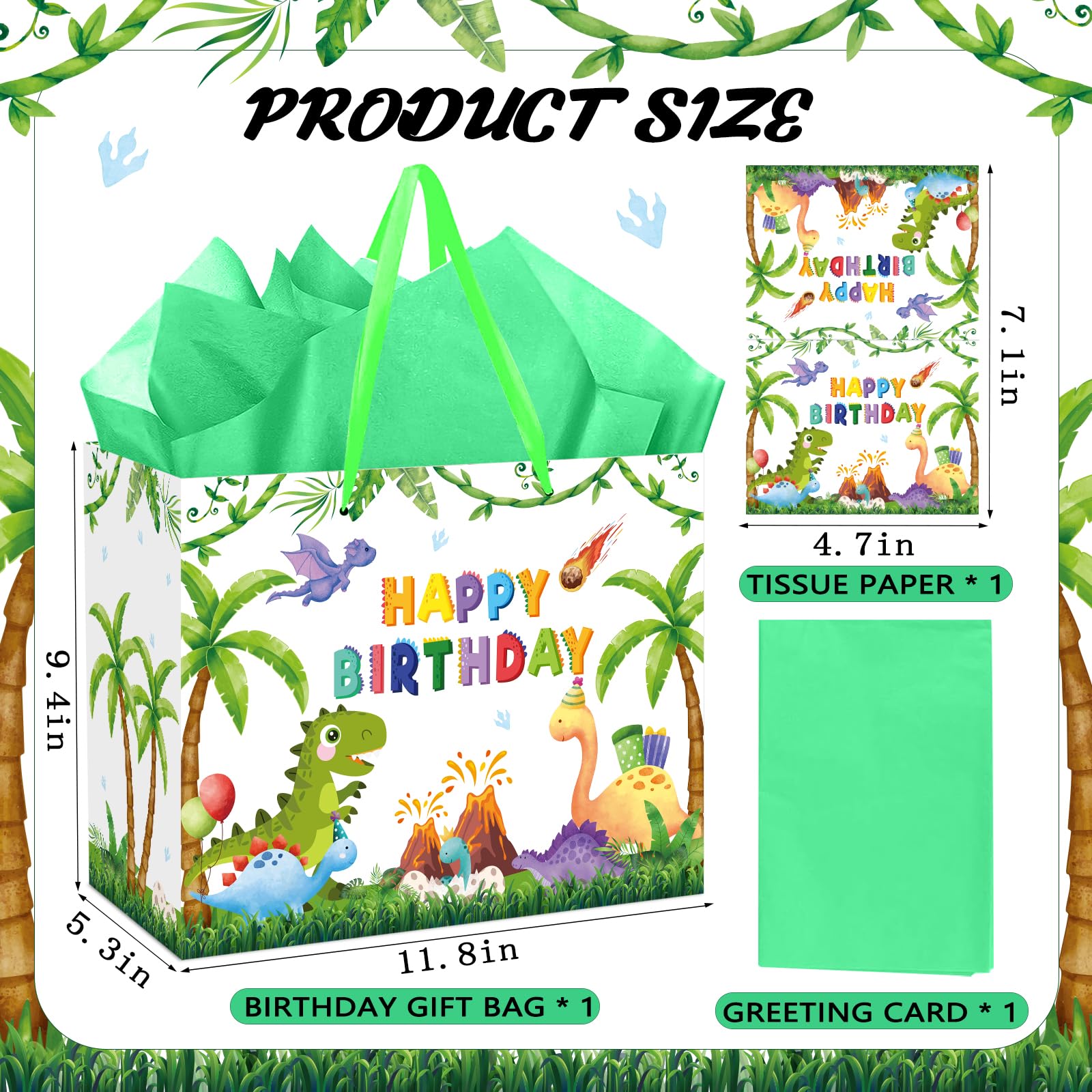QISOLIY Dinosaur Birthday Gift Bag for Kids Boys Happy Birthday Gift Bag with Tissue Paper and Greeting Card, Cute Dino Party Favor Bag for Children, Party Present Wrapping Bag with Handle