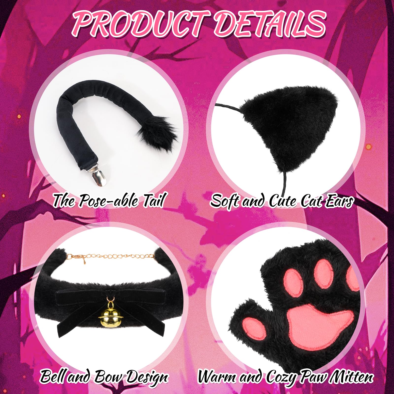 Beipegin Cat Costume for Women Black Cat Ears Headband and Tail Bell Choker Gloves Face Stickers Halloween Masquerade Anime Cosplay Costumes Accessories for Women - Image 3