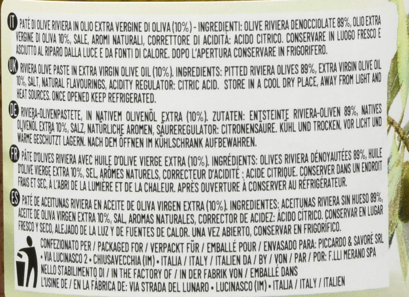 Le Terre di Colombo Pasta de Aceitunas, Riviera en Aceite de Oliva Virgen Extra 10 %, Tarros de 212 Ml Lote de 6