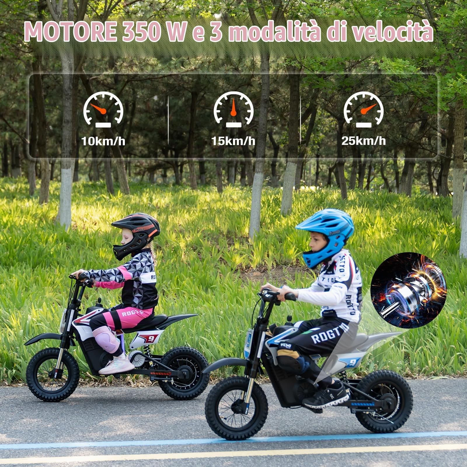 RCB R9X PRO Moto Elettrica per Bambini, Motocicletta con Motore 350W, 3 Velocità (10/15/25 km/h), autonomia 16 KM, luci Ambientali, Doble Suspensión, Ruote 12" Motocross per bambini 6+ anni