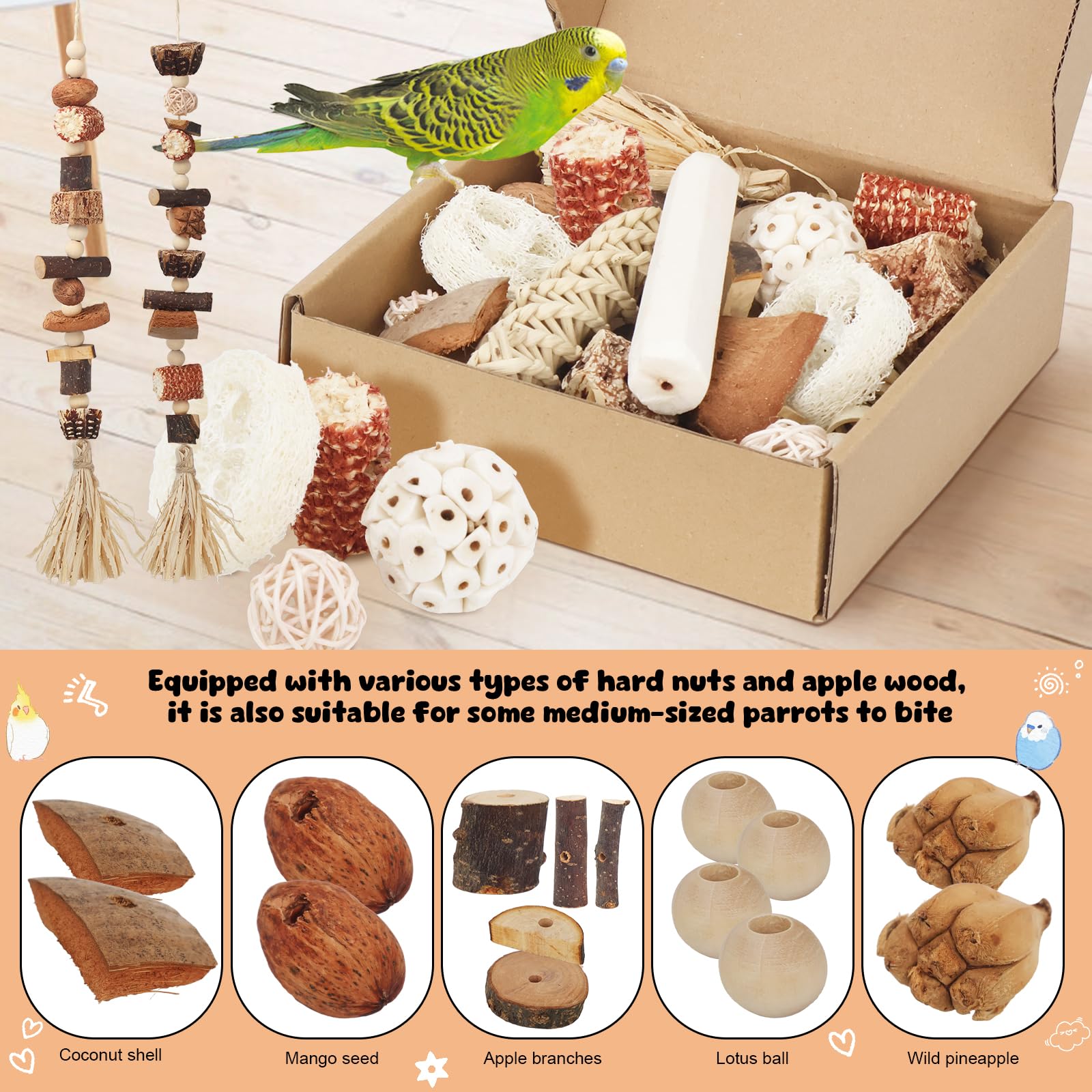 Juguetes para pájaros, caja de forraje natural para loros, juguetes para periquitos, cuerda colgante para cacatúas, conures, pájaros amorosos y otros accesorios de jaula de pájaros pequeños a