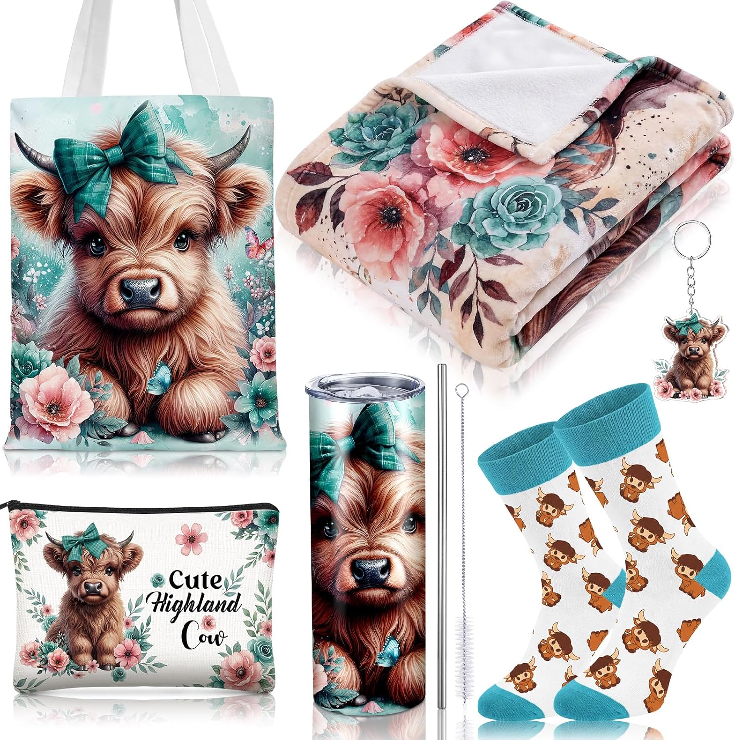 6 Pcs Highland Cow Gifts for Women Include 20 oz Stainless Steel Tumbler with Lid and Straw Cosmetic Bag Throw Blanket Keychain Socks Handbag for Women Girls(Blue)