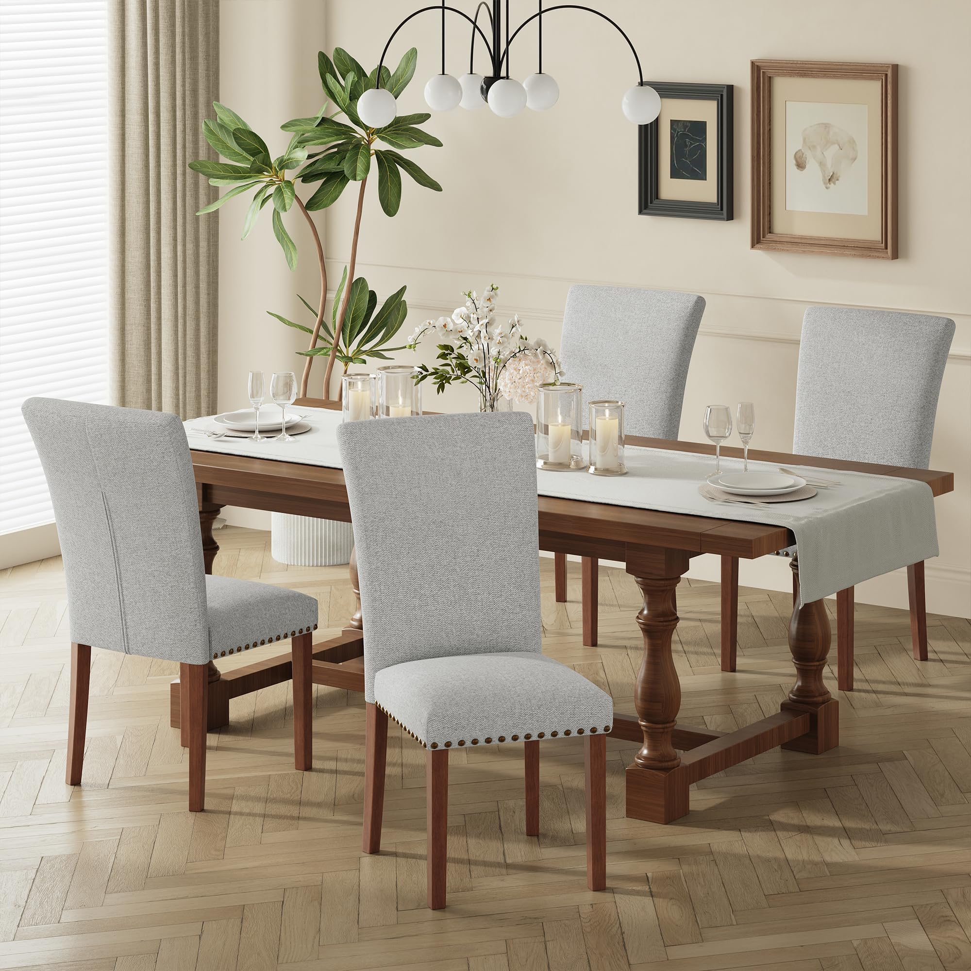 COLAMY Upholstered Parsons Dining Chairs Set of 4, Fabric Dining Room Kitchen Side Chair with Nailhead Trim and Wood Legs - Light Grey