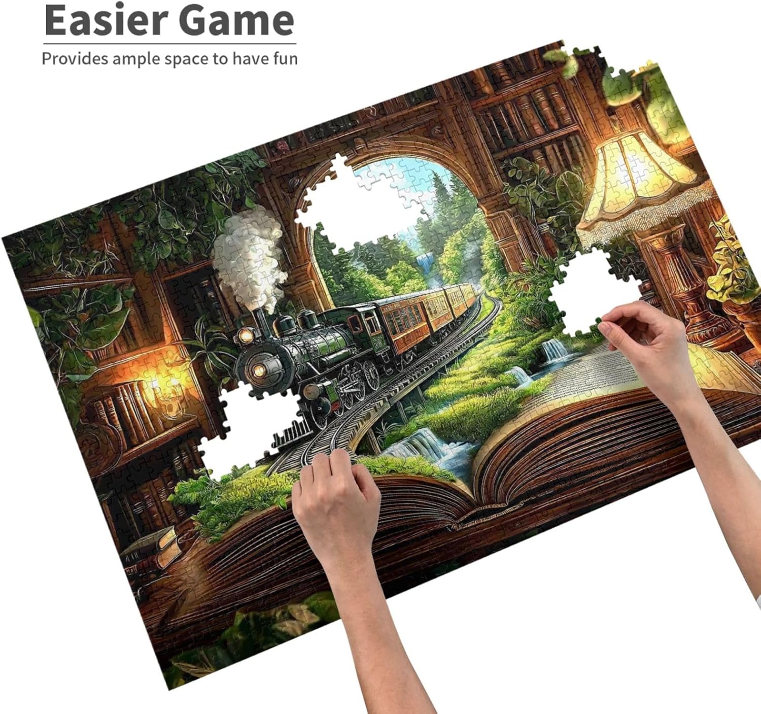 Train Forest Book Jigsaw Puzzles for Adults 1000 Pieces Magic Vintage Bookshelf Wooden Puzzle Fantasy Books Puzzle for Family Activity Friends Educational Challenging Fun Game Book Lovers Gifts