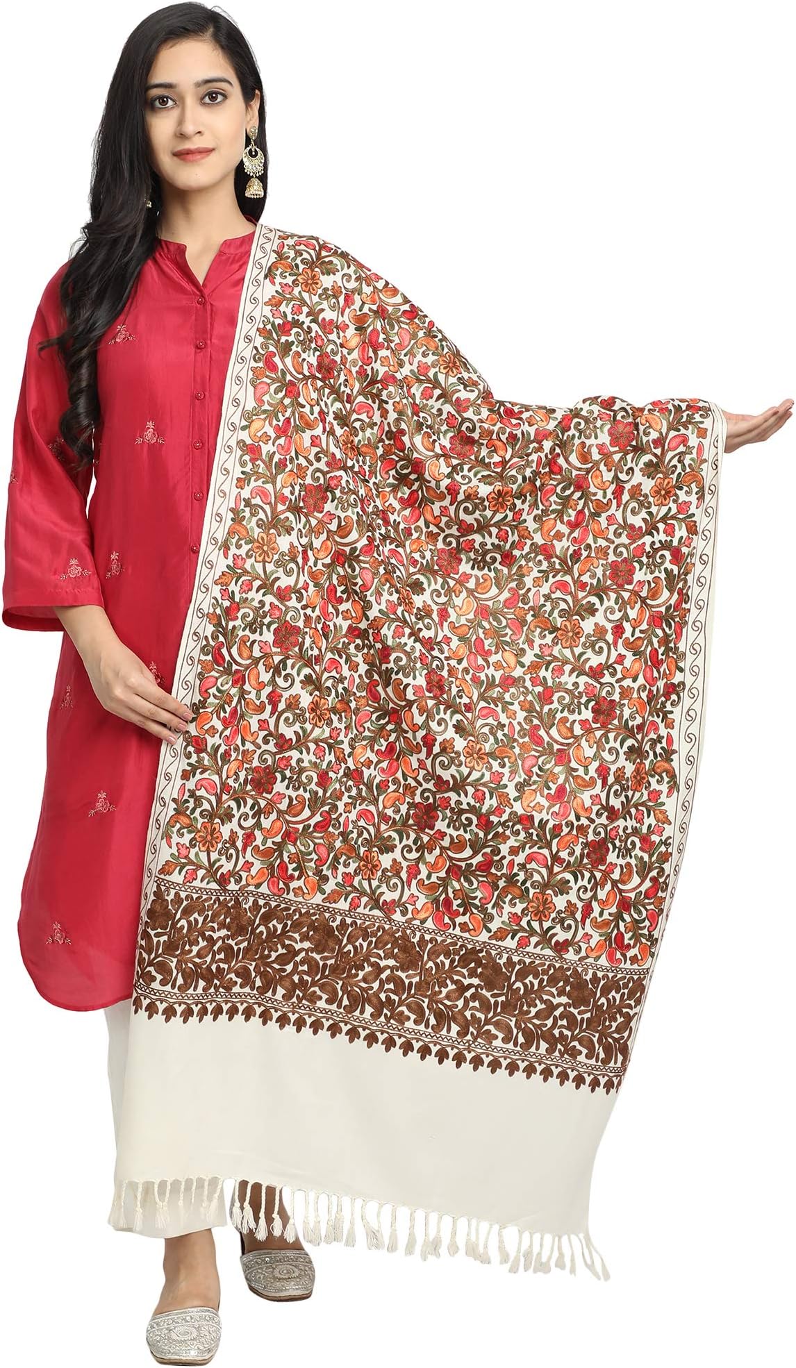 ZamourKashmir Women Stole Scarf Wrap Shawl with Indian Embroidery Flower - 6376