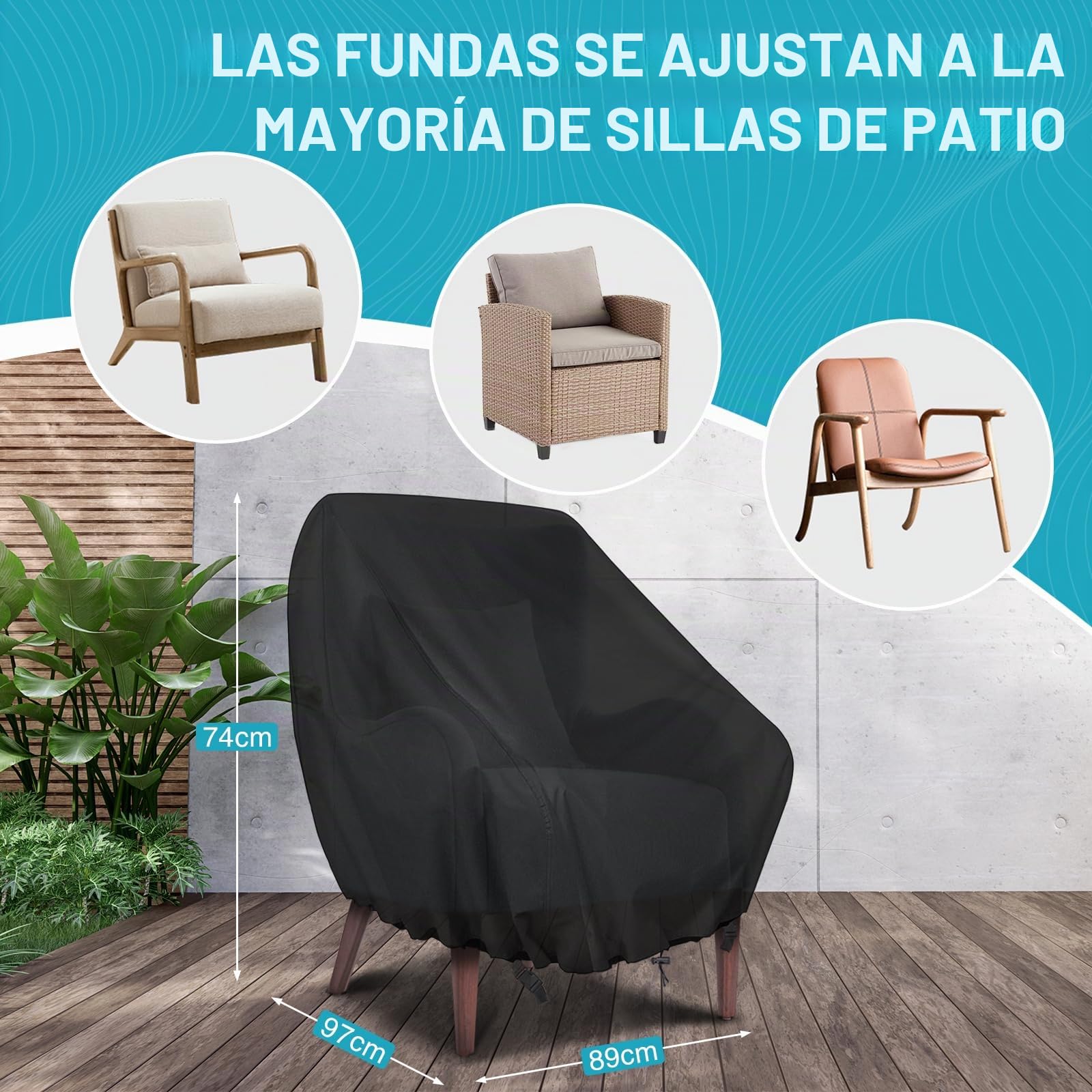 GARPROVM Funda protectora para sillas de jardín, 2 piezas, 89 x 97 x 74 cm, funda para sillón, resistente a la intemperie, tela Oxford, muebles de jardín, lona para sillas de balcón, sillones lounge