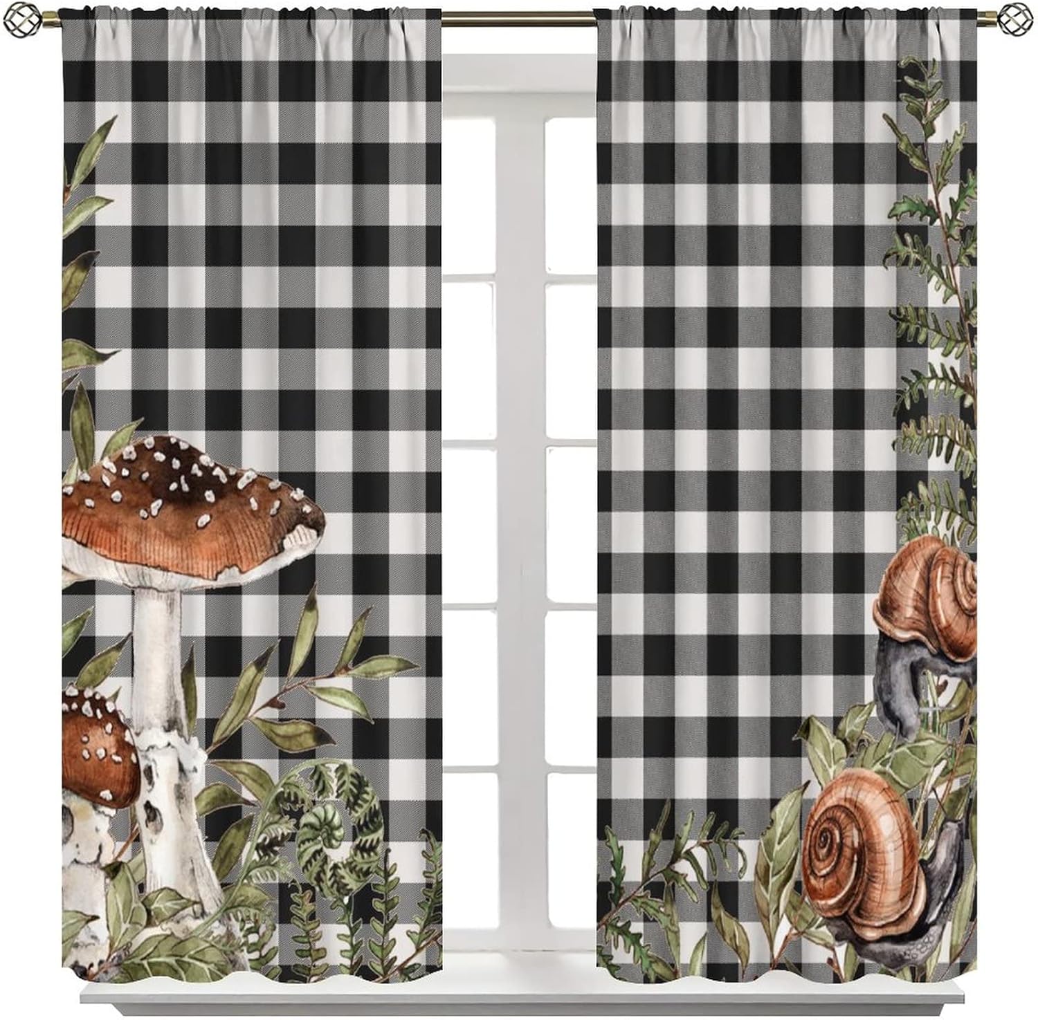 Watercolor Mushroom Blackout Curtains for Bedroom, Green Leaf Mushroom Retro Buffalo Check Plaid Rod Pocket Thermal Insulated Room Darkening Curtains Bedroom Curtains 42x63in
