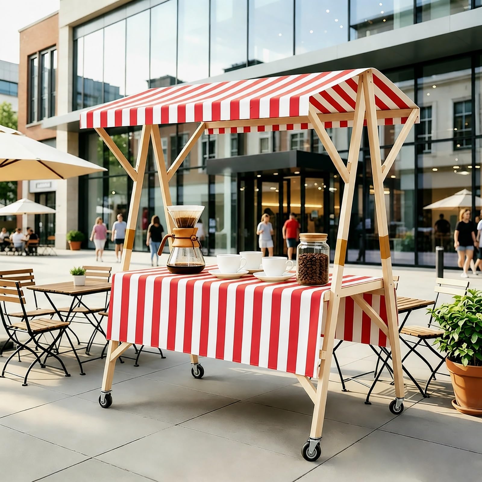Carretto per Venditori Portatile con Tettuccio, Carretto Pieghevole per Alimenti con Ruote, Stand Espositivo per Mercati, per attività Commerciali(Red,120cm/47.2in)