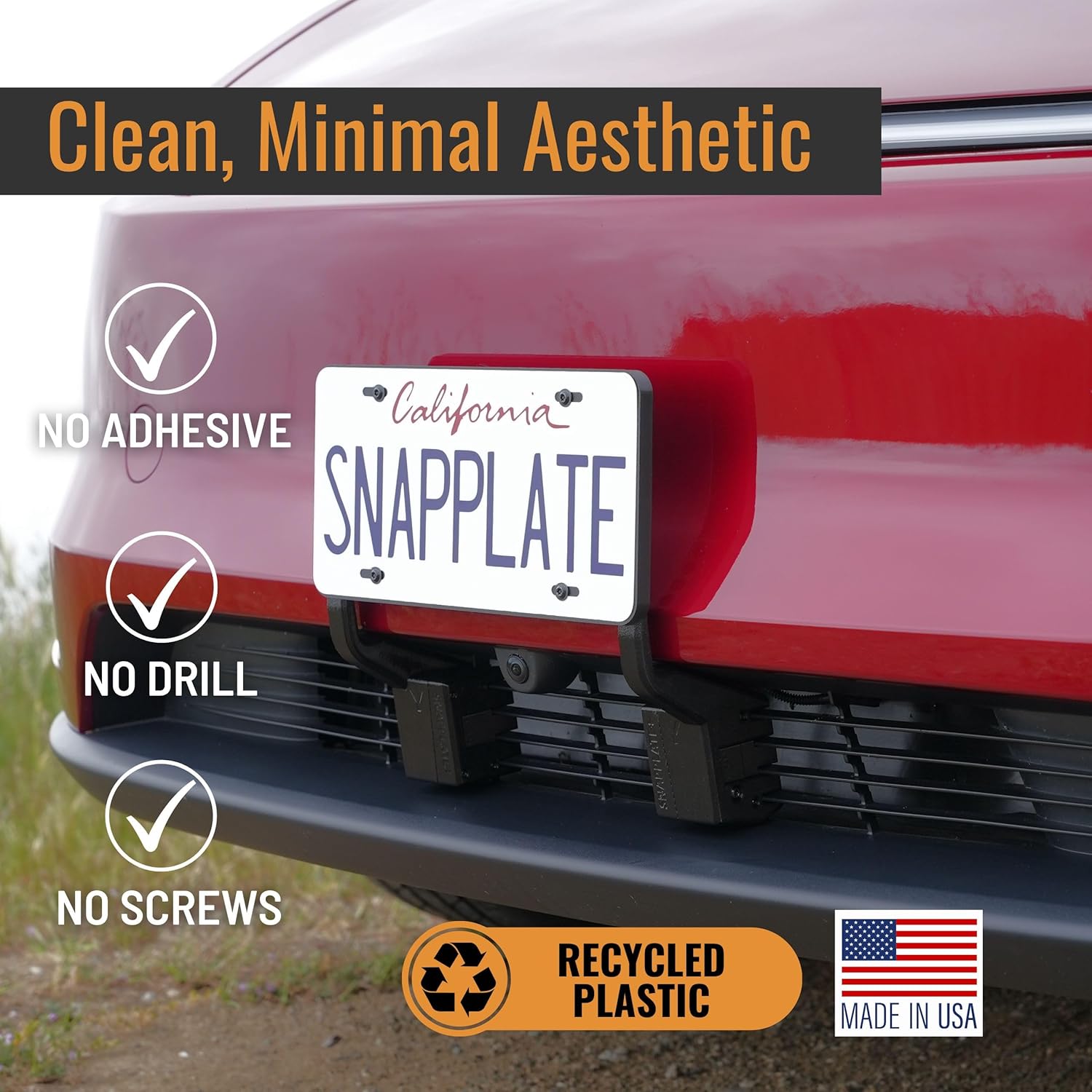 SnapPlate+ Front License Plate Holder - Fits Tesla Model Y (2026) Premium/Juniper Refresh with Bumper Camera - Grille-Safe Non-Metal Design, Anti-Theft, Removable, Height-Adjustable, USA Made
