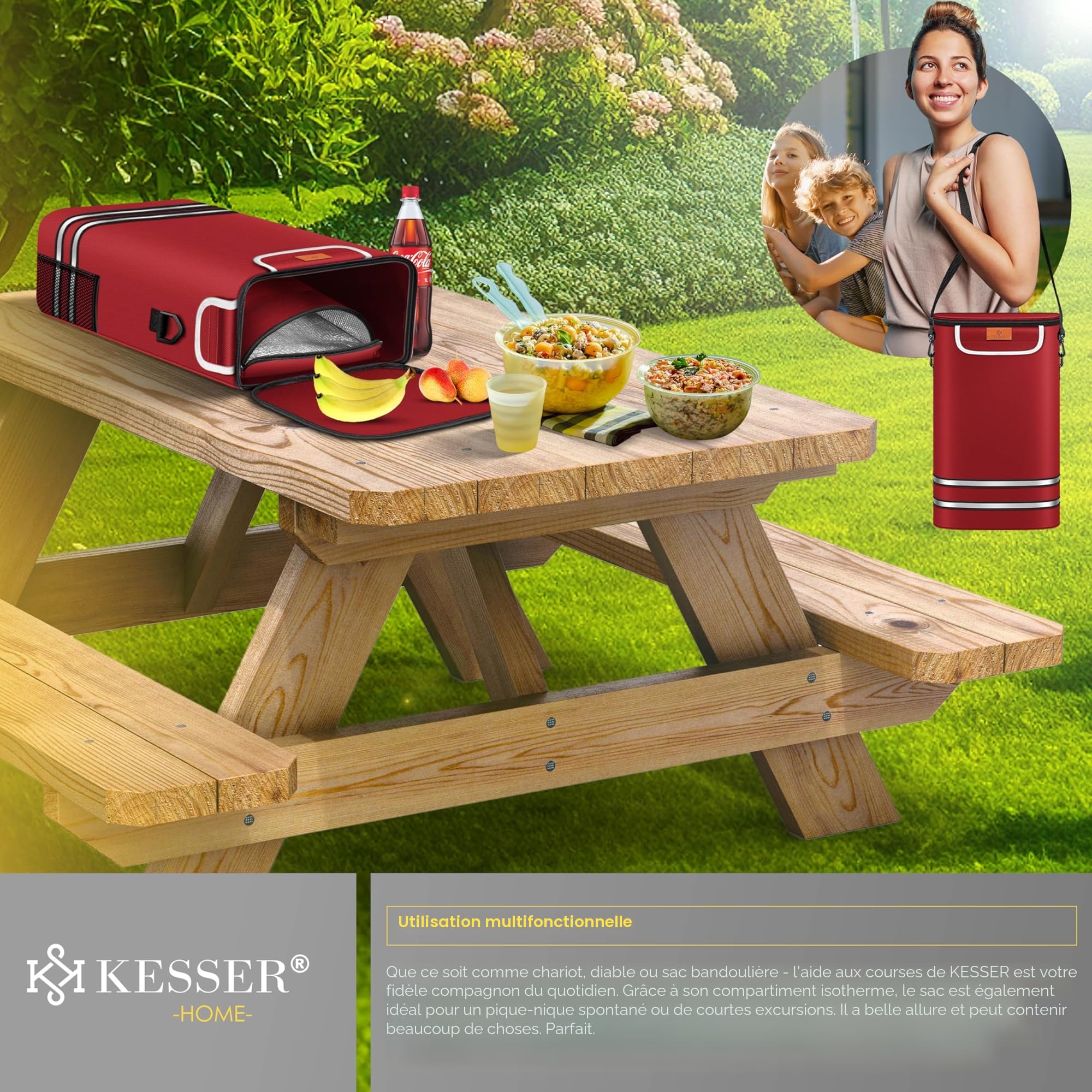 KESSER Chariot à provisions 56 L 50 kg pliable 3 en 1 avec compartiment réfrigérant Bordeaux