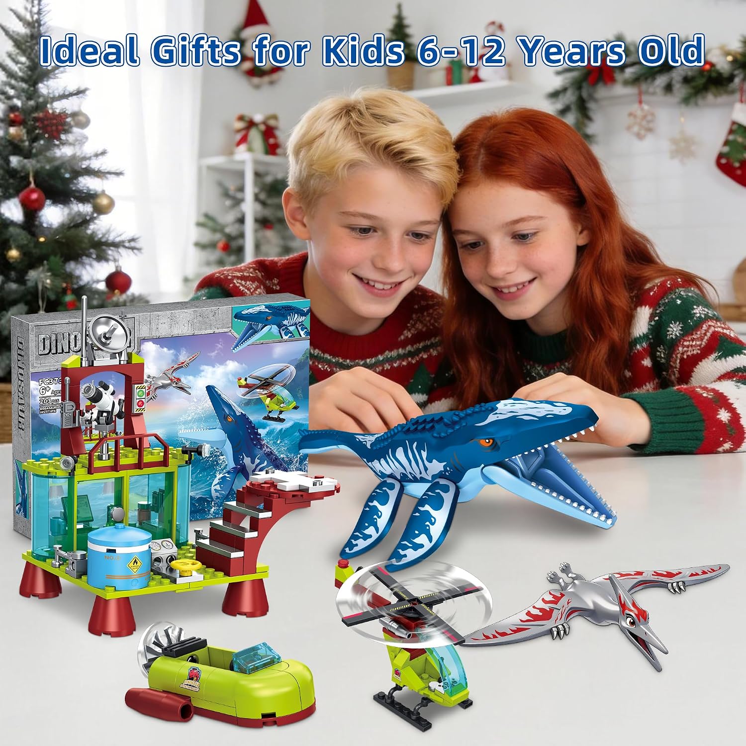 Ocean Explorer Mosasaurus Dinosaur Building Set Compatible with Dinosaur Park World, Include Mosasaurus, Pterosaur, Boat, Helicopter, Research Station, Dino Toys Gift for Kids Boys Age 6-12