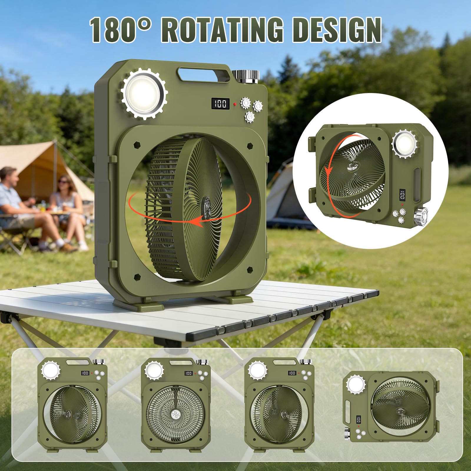 Ventilatore da Campeggio con Luce LED, Ventilatore da tavolo portatile Senza Fili, 100 Velocità, Oscillazione Automatica, 12H Timer/Telecomando, per Casa, Tenda, Viaggio