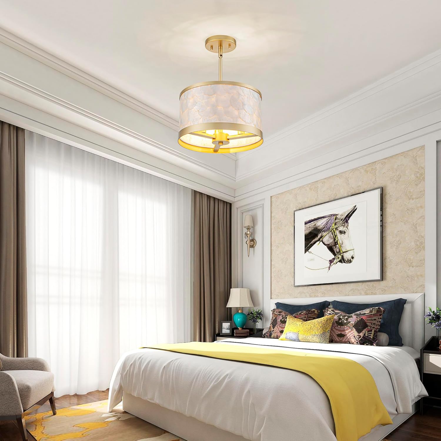 4-Light Drum Capiz Shell Chandeliers, Coastal Style Pendant Light Fixture for Dining Room, Living Room, Kitchen, D12*H16~46 inch (Adjustable Height), Shell Lampshade & Gold Finish Frame
