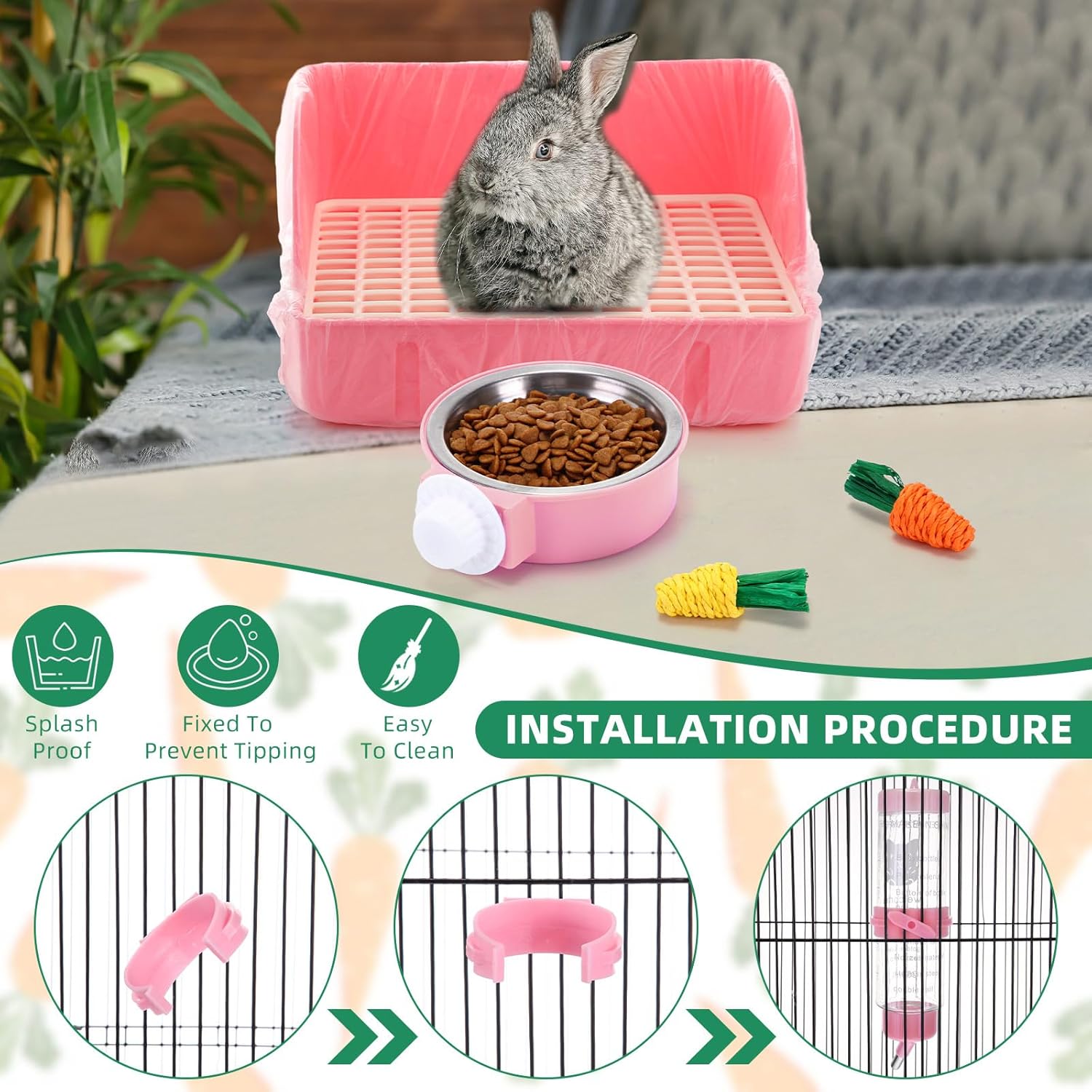 34 Pcs Rabbit Starter Kit Rabbit Litter Box Small Animal Water Bottle Cups Bunny Tunnels Animal Grooming Kit Bowl Blanket with Cleaning Set for Guinea Pig Bunny Accessories(Style 1,Pink)
