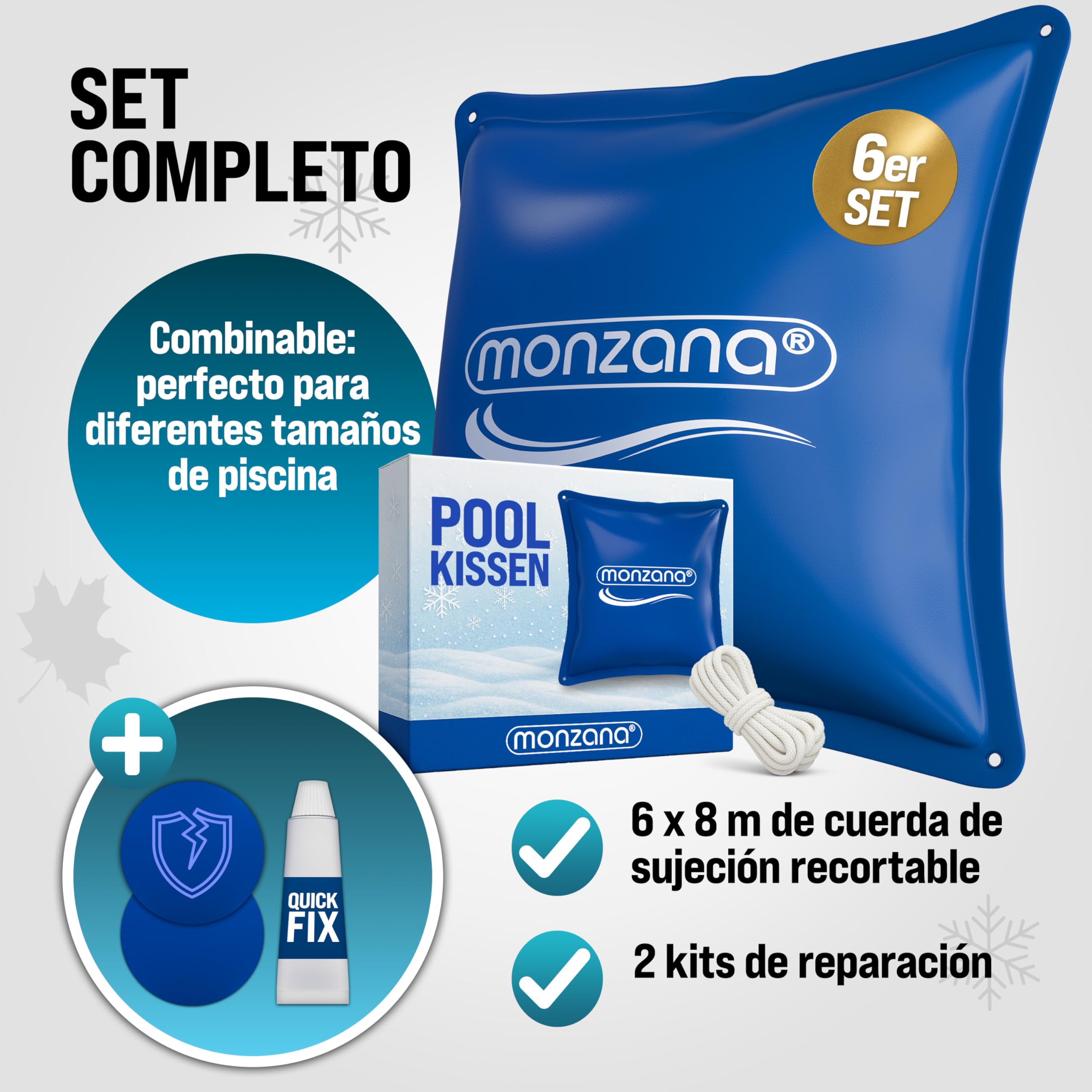 MONZANA® Cojín Piscina Invierno XL 120x120cm Cojín Aire PVC Accesorio Protector Resistente Cloro Válvula Seguridad Kit Reparación Set a Elegir | Estable, Duradero, Resistente al hielo, Cloro, rayos UV, Incluye Accesorios, 2 Kits de reparación, Válvula dob