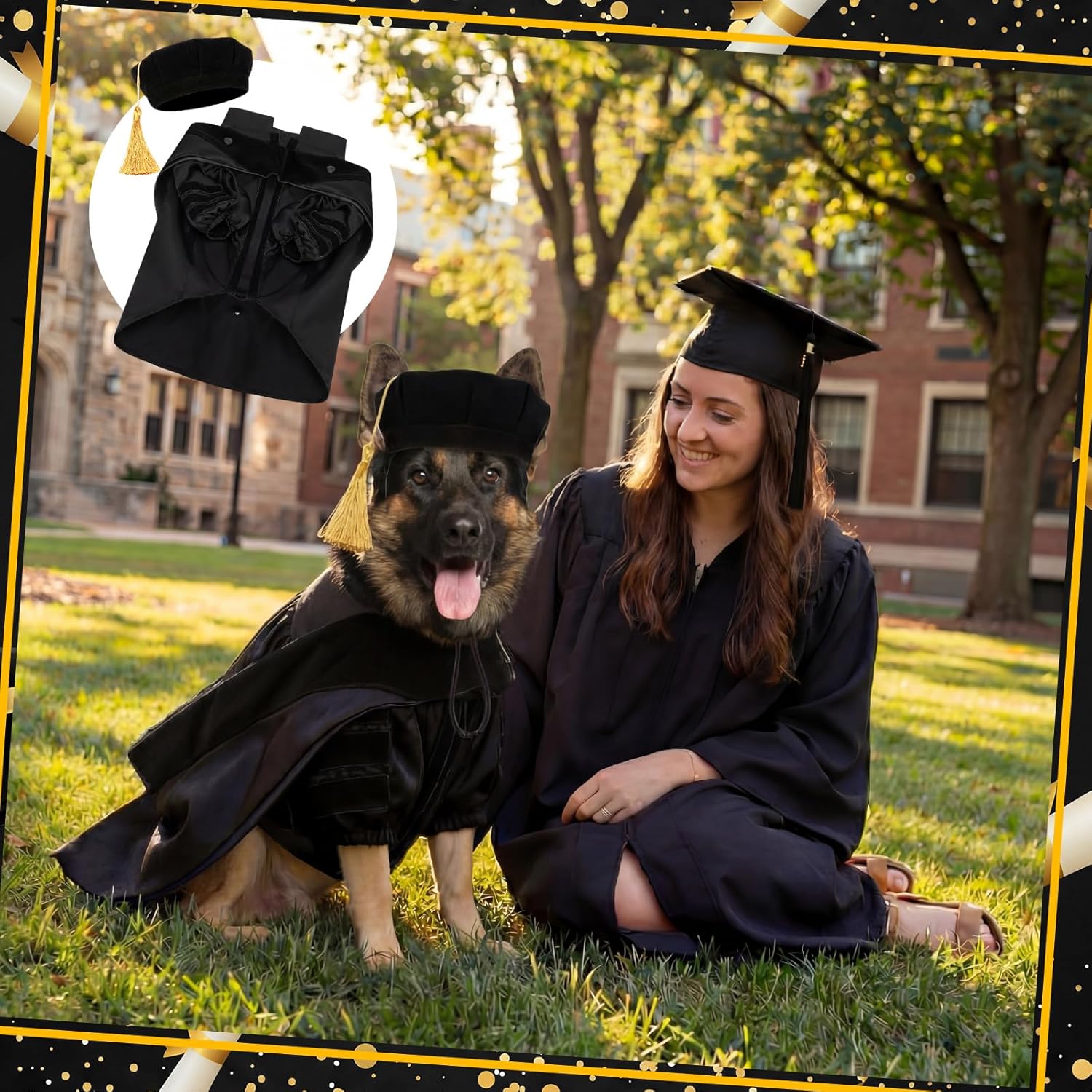 Huhumy 3 Pcs Dog Cat Graduation Doctoral Costume Set, 2026 Pet Phd Graduation Cap and Deluxe Doctoral Gown with Hood Side Tam Puppy Kitty Dogs Grad Holiday Party Costume Accessory(Black,XL)