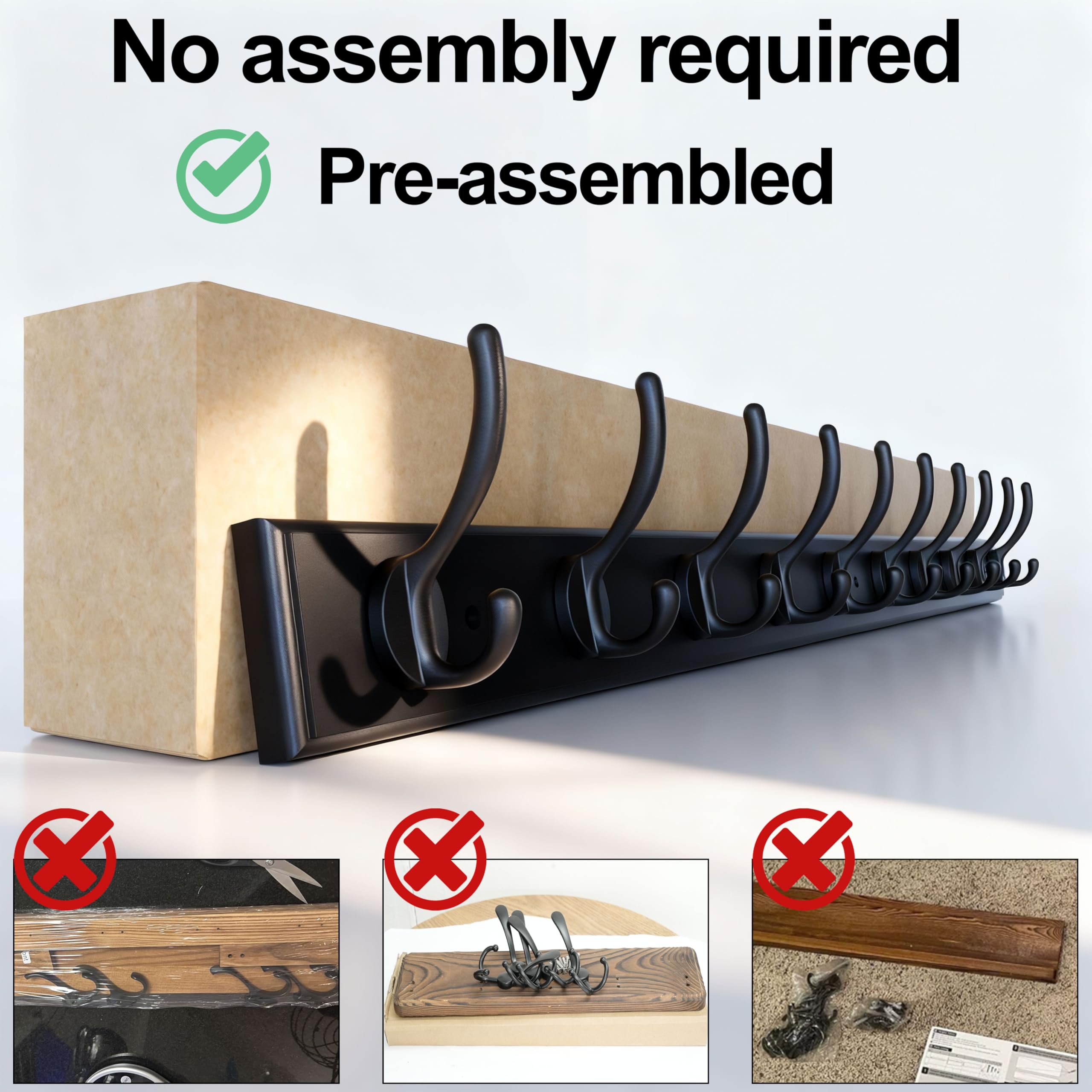 WEBI Percheros Pared,97cm Largo Percha Pared con 10 Ganchos,Colgador Pared Para Abrigos,Chaqueta,Negro,Paquete de 2