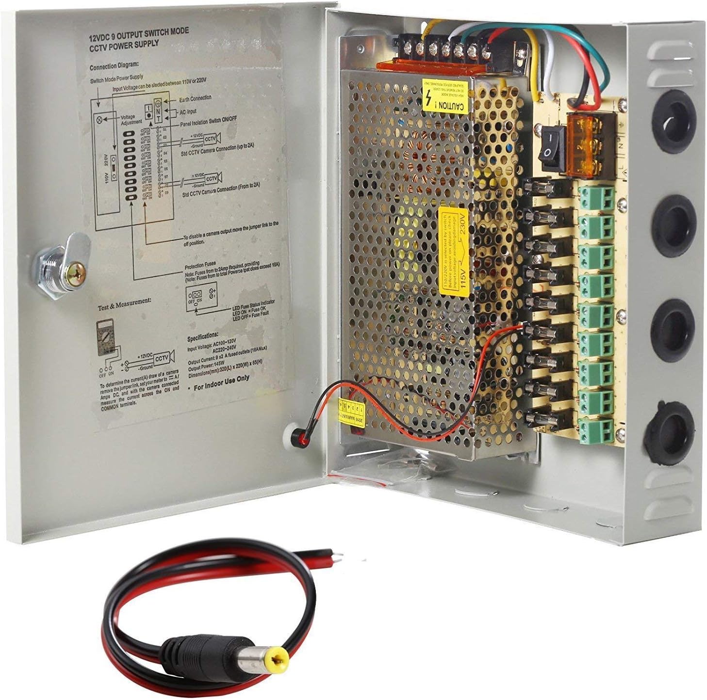 UHPPOTE 9CH Port Power Supply Box CCTV Camera Distribution PTC Fuse DC12V 10A + Pigtail