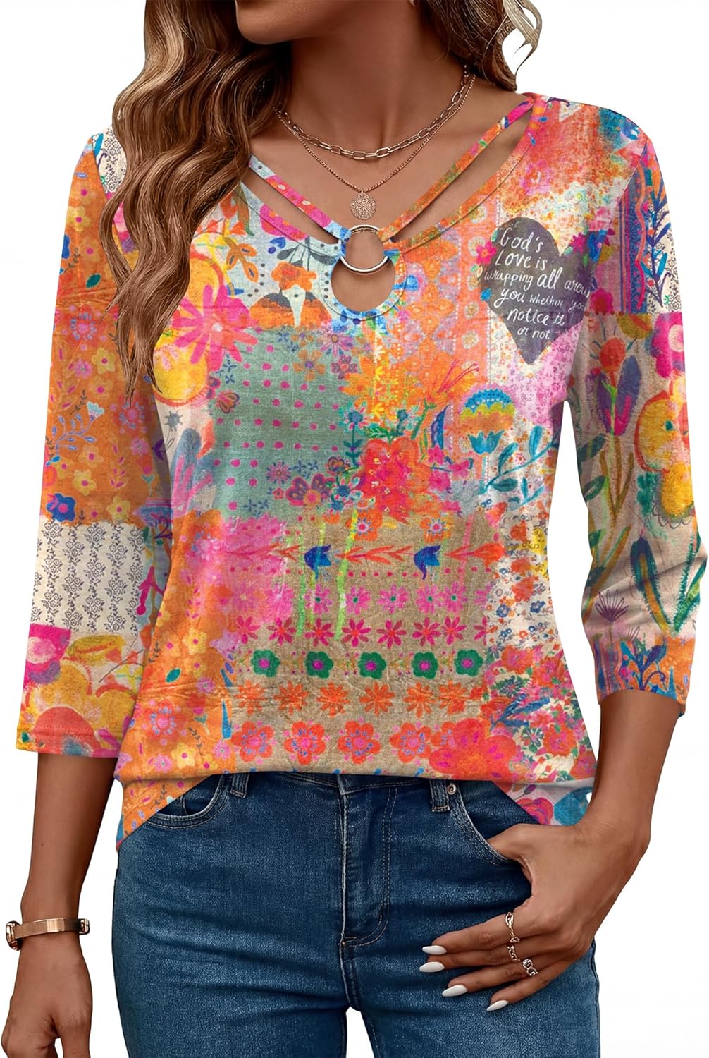 Rapbin 3/4 Length Sleeve Womens Tops Summer Cut Out Ring Keyhole Neck Dressy Casual Crew Neck Tee Shirts 2026