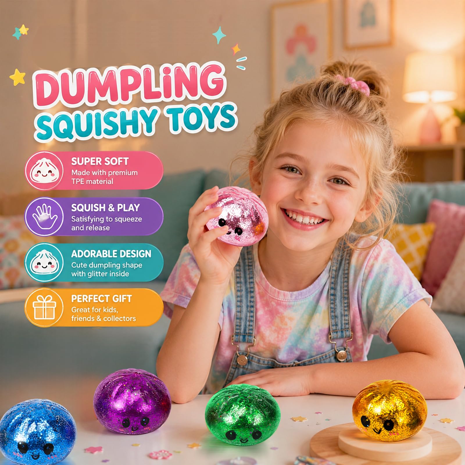 12 pezzi Mystery Dumplings Squishy Buns con scatola per cottura a vapore, giganti gnocchi glitterati, set da gioco sensoriale, per alleviare lo stress e la coordinazione, per bambini e adulti (B)