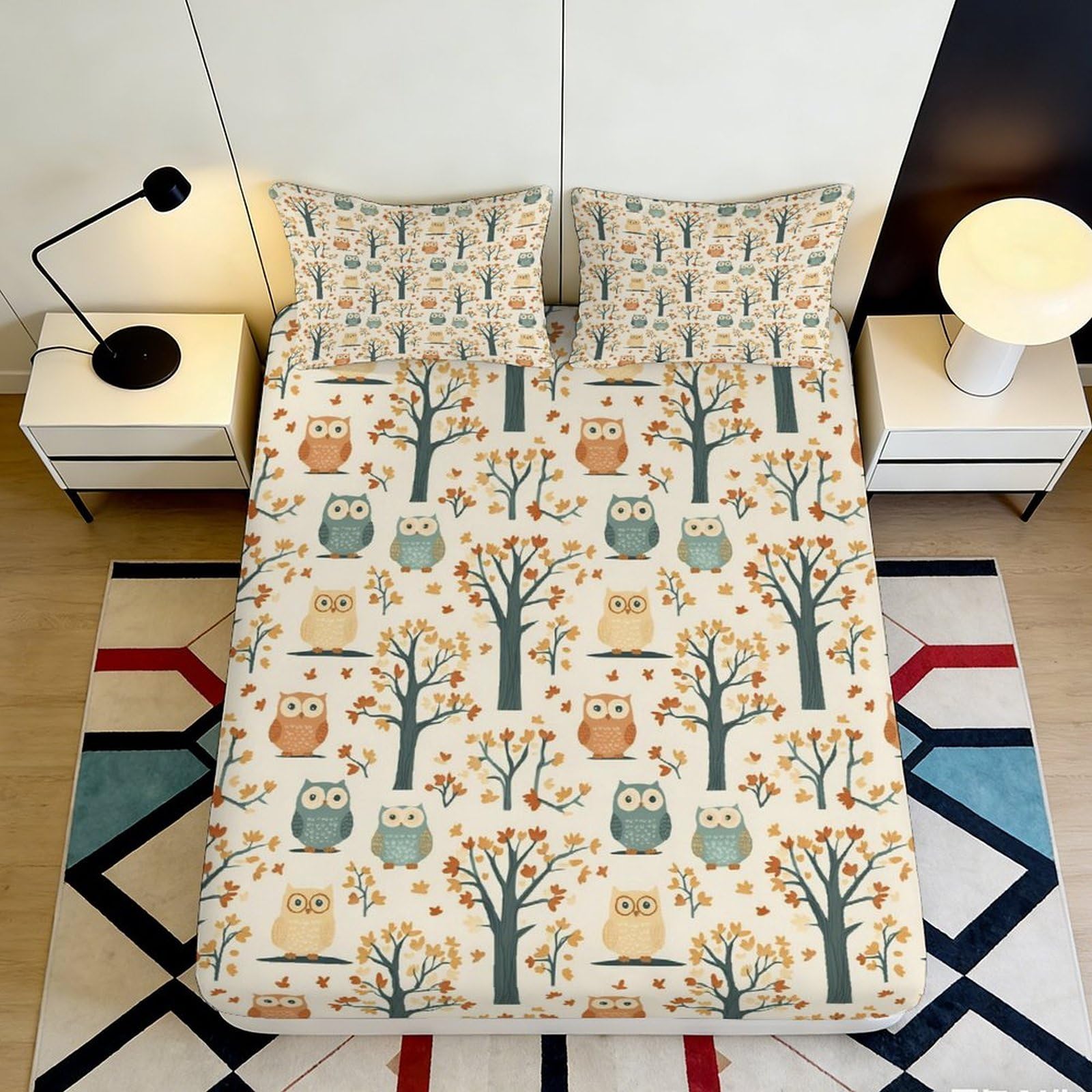 3D Printed Owl Forest Fitted Sheet Microfiber Deep Pocket Bedroom Bedding Set Woodland Mattress Fitted Cover Non-Slip Elastic Hem for Adults Teens 160x200x25cm