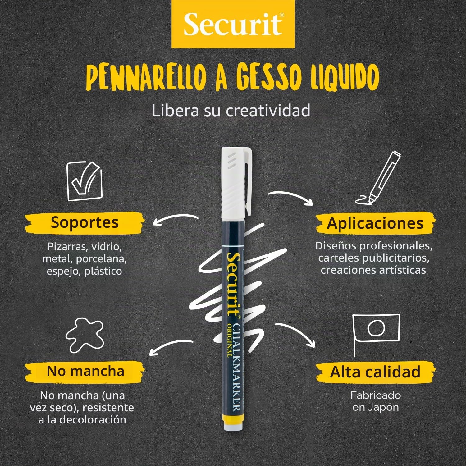 SECURIT - Rotulador de Tiza Líquida - Para Superficies No Porosas (Pizarra, Vidrio, Metal, Espejo, etc.) - Punta Fina 1-2 mm - Color Blanco