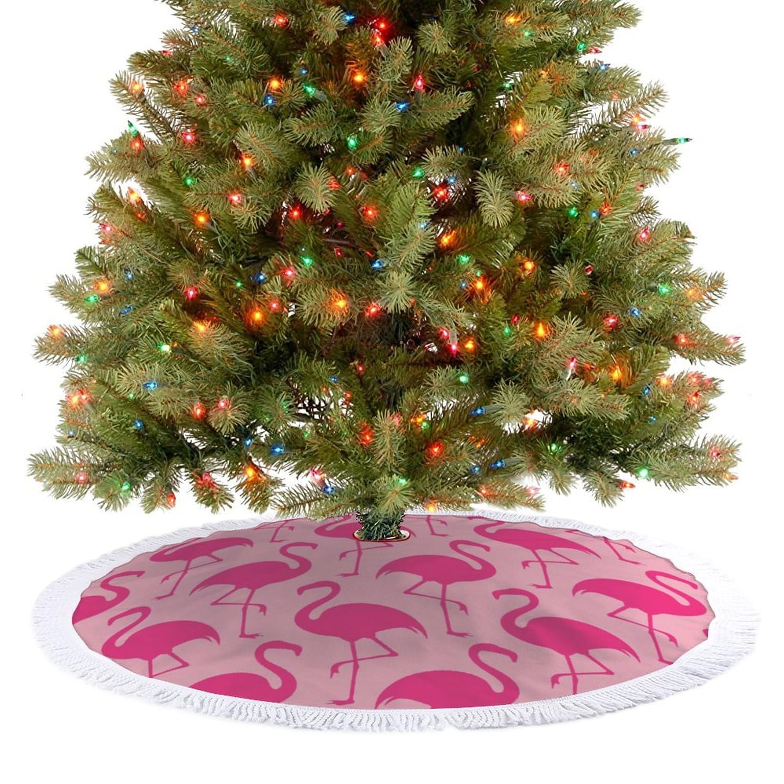 Gonna Per Albero Di Natale 122 Cm Con Fenicotteri Rosa E Nappe – Copribase Decorativo Riutilizzabile