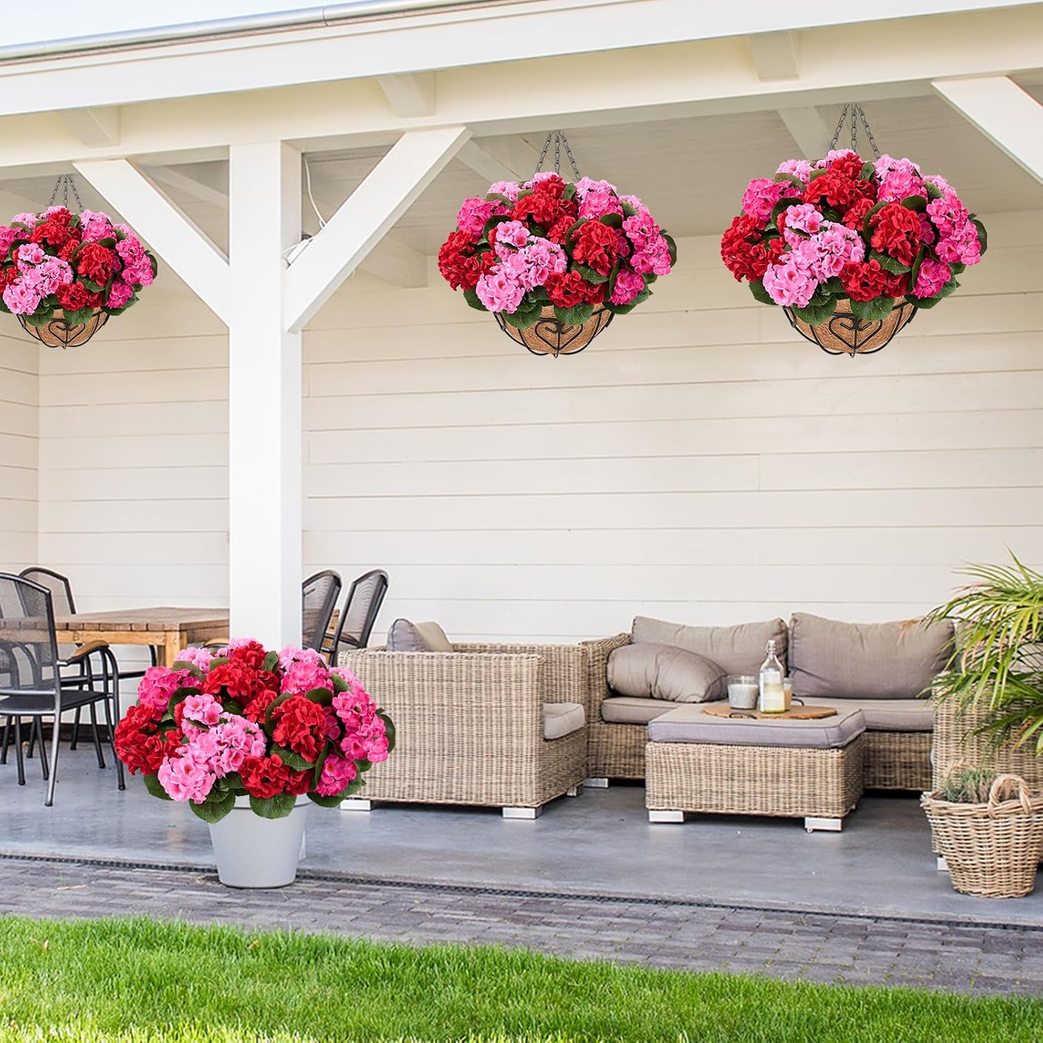 Waipfaru 2 Set Artificial Geraniums for Outdoors with Hanging Baskets, 12 Bundles UV Resistant Artificial Outdoor Plants, Fake Flowers for Spring Front Porch Home Patio Balcony Yard Decor, Mixing