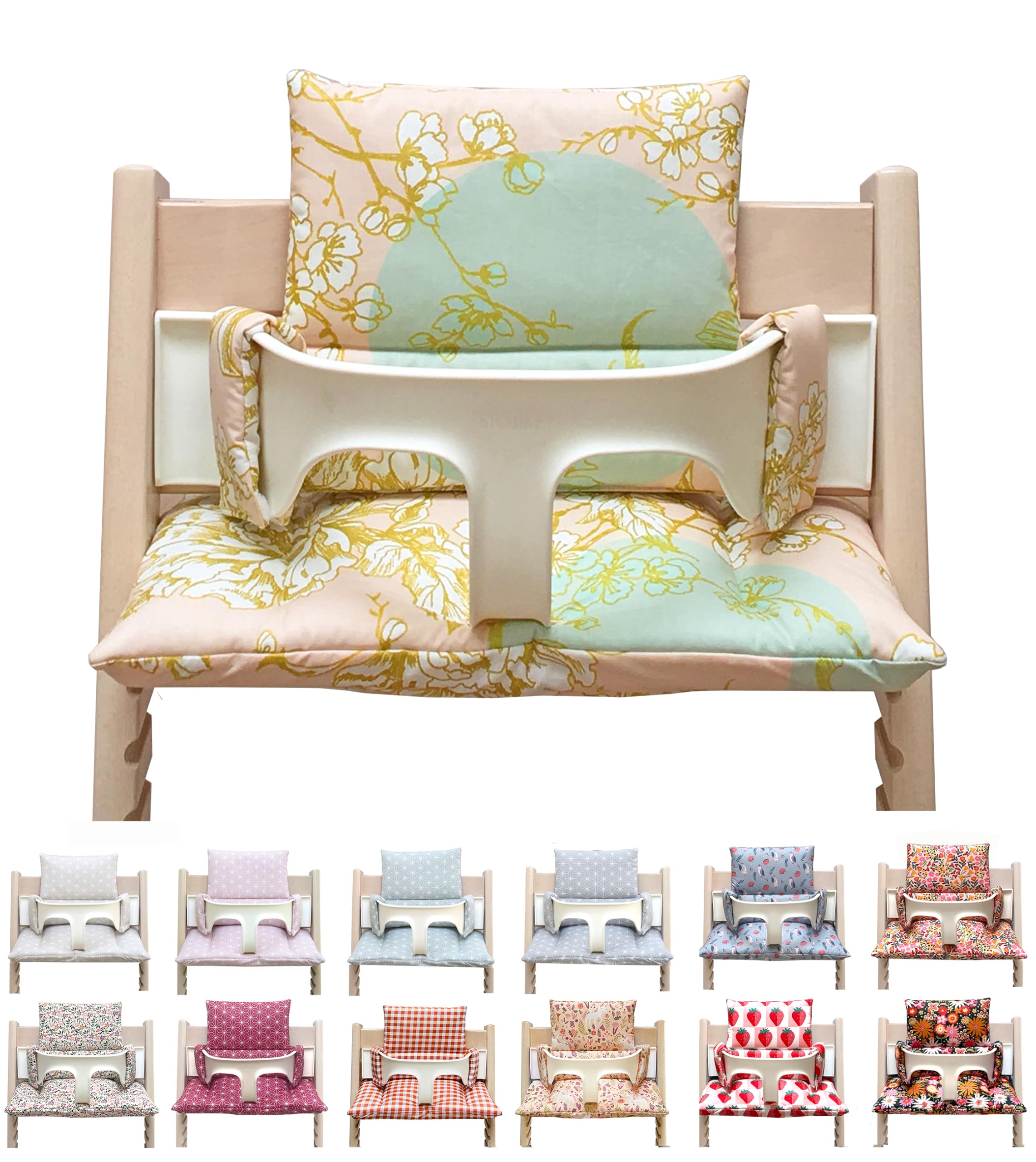 Blausberg Baby - BESCHICHTET - Sitzkissen Kissen Set Polster für Stokke Tripp Trapp Hochstuhl - Cherry Blossom Rosa Mint Gold