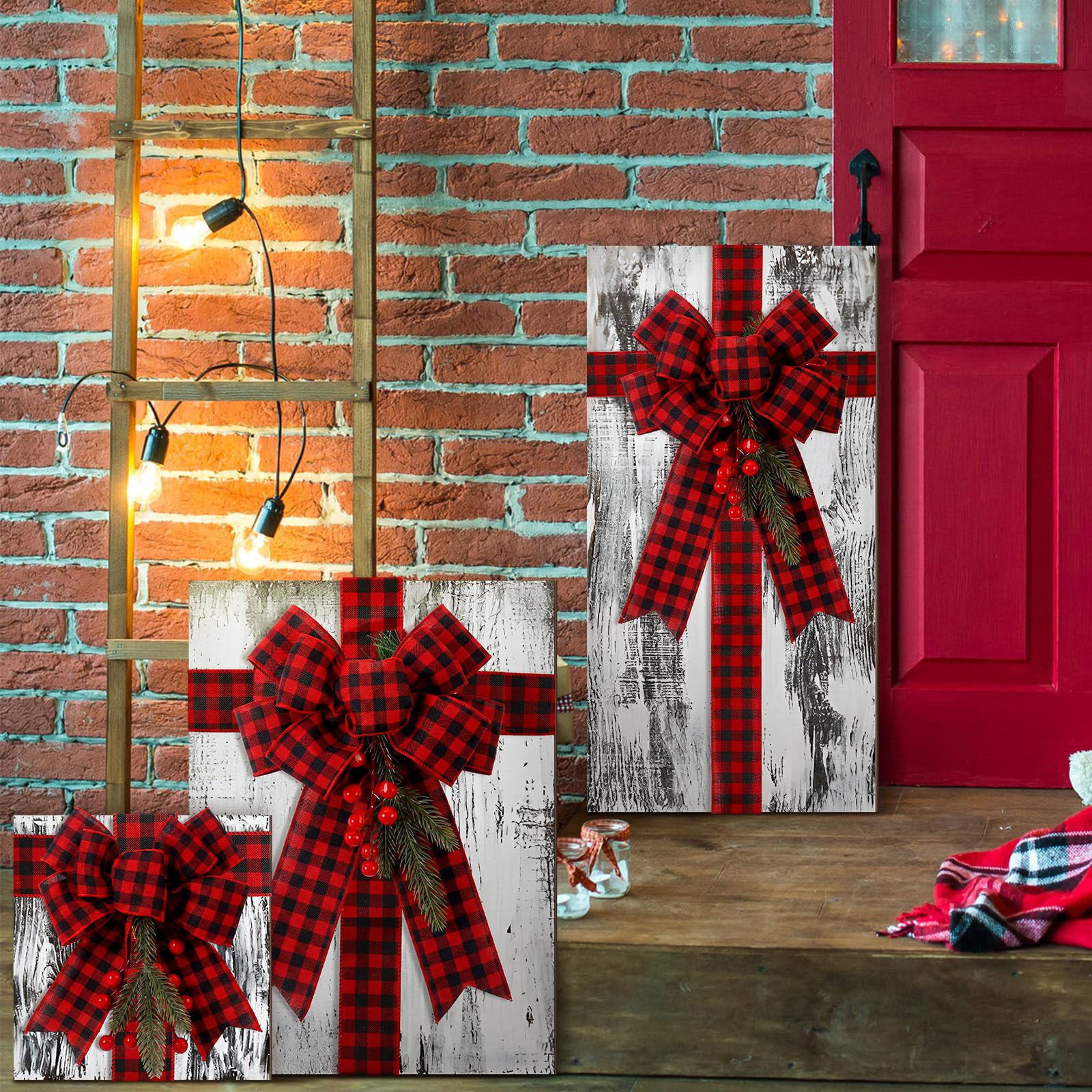 Weysat Lot de 3 grandes boîtes cadeaux de Noël en bois rustiques avec nœud papillon pour porte d'entrée extérieure et cour (blanc)