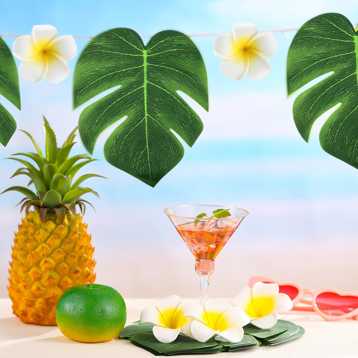 60 Pcs Tropical Party Decor Supplies 30 Pcs 8" Fak Monstera Leaves 30 Pcs 2.75" Artificial Plumeria Flower and Glue for Hawaiian Luau Jungle Beach Theme Table Wedding Party(White) - Image 6