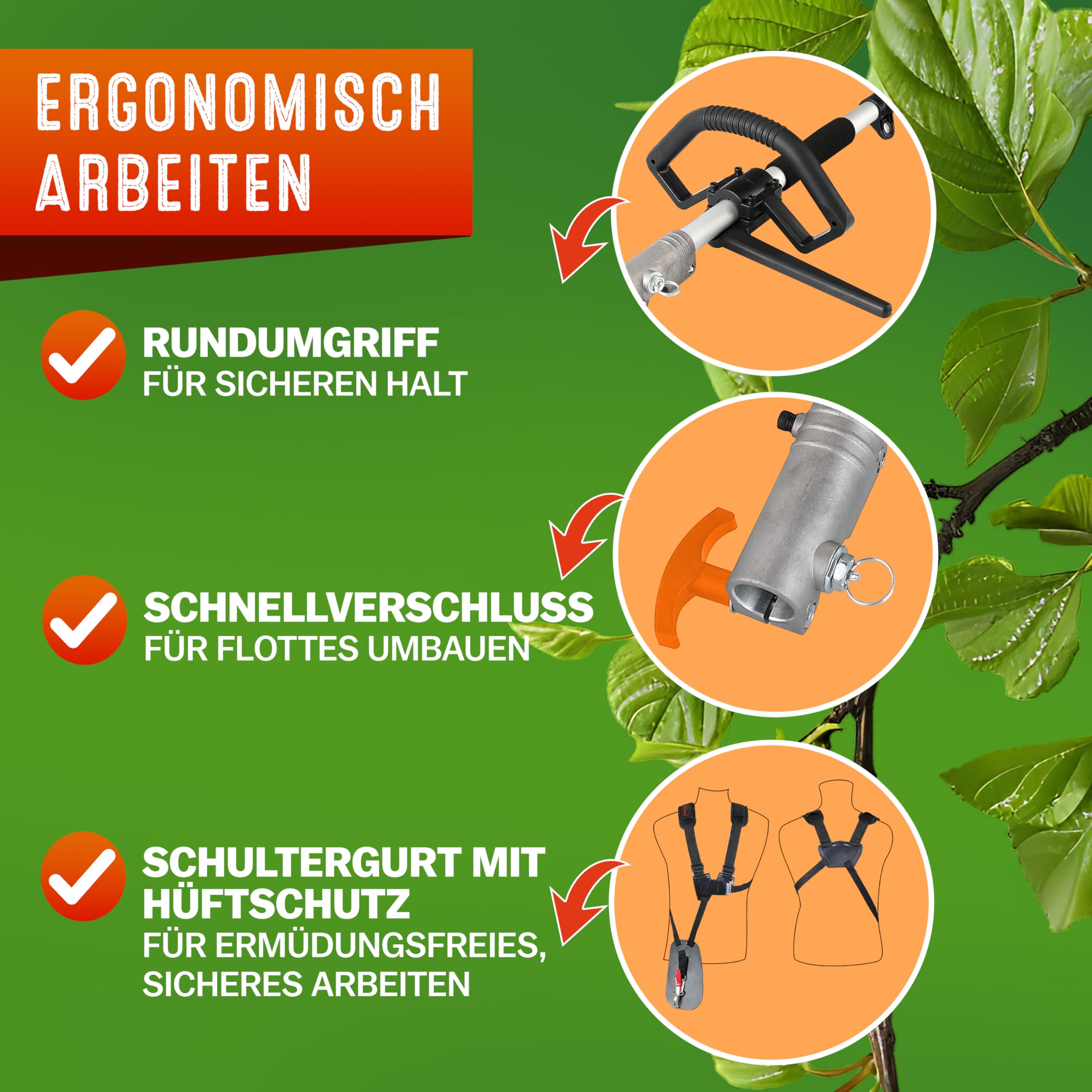 GARDEBRUK® Benzin Motorsense Freischneider 5 in 1 Heckenschere Rasentrimmer Hochentaster 2 PS Tragegurt verstellbar 1m Verlängerung
