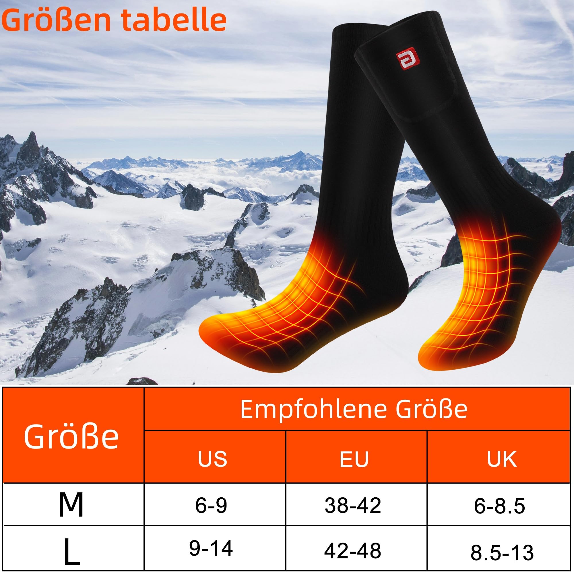 wiederaufladbare beheizbare Socken mit 3 Temperatureinstellungen | 4000 mAh Akku Unisex für Männer und Frauen, waschbar, warme Winter-Socken geeignet für Skifahren und Camping