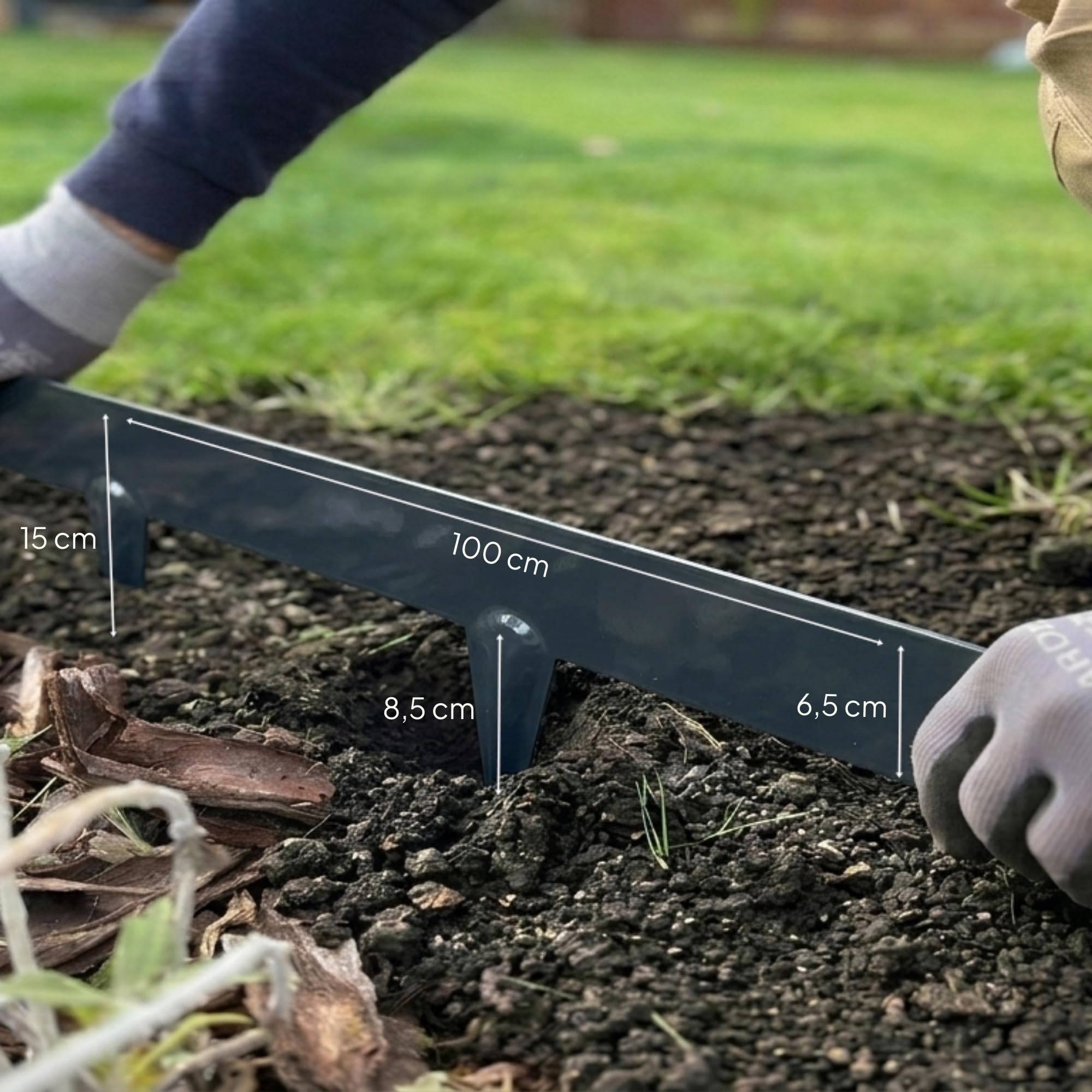 UNIGARDIA Flexible Rasenkante aus Metall 15 m - Garten Metall Beeteinfassung 150 mm Hoch - Beetbegrenzung Metall Einfach einschlagen, 1 Paar Montagehandschuhe inklusive, Anthrazit
