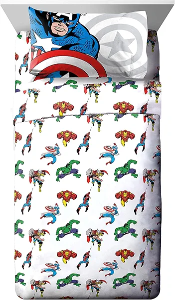 Jay Franco Kids Sheet Set with Fitted, Flat Sheets & Pillow Cover - Ultra-Soft Bedding with Pillowcase for Room Decor, White - Avengers, 3 Piece Twin