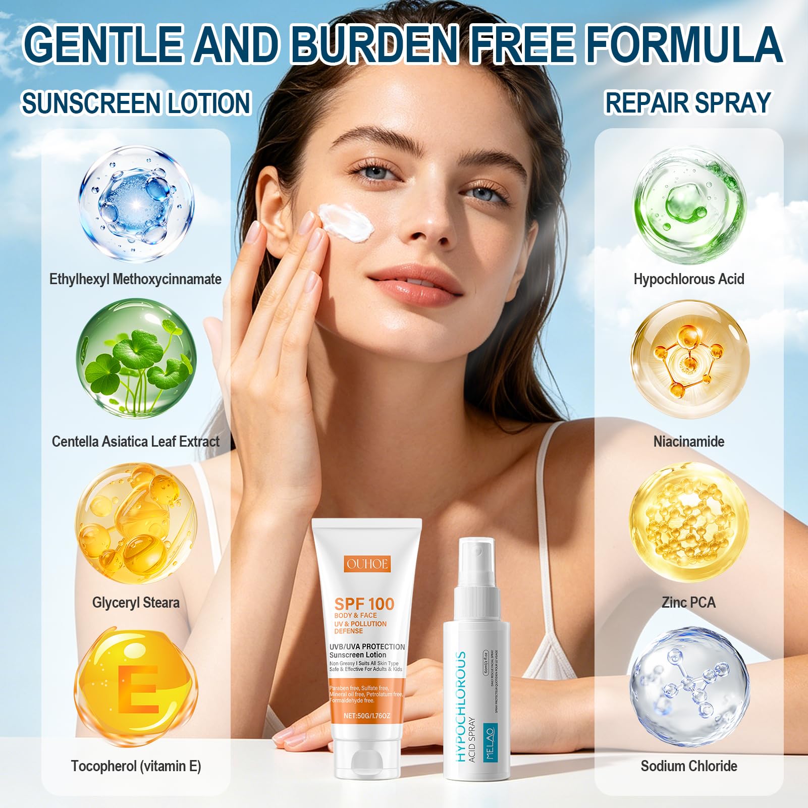 Zestaw z kremem przeciwsłonecznym, filtr SPF 100 + balsam przeciwsłoneczny w sprayu 60 ml