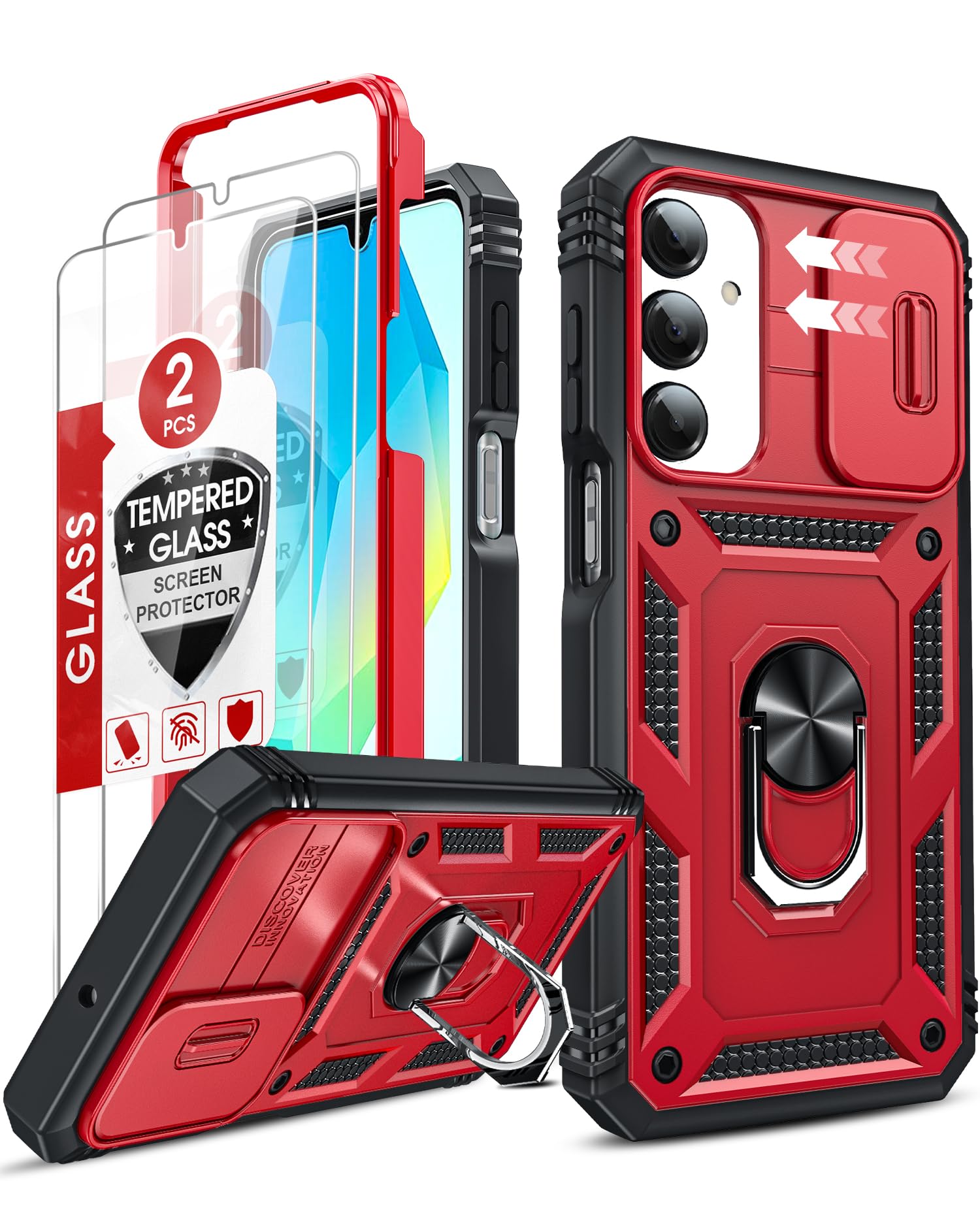 Photo 1 of LeYi for Galaxy A17/A16-5G Phone Case, A17 Screen Protector Tempered Glass X 2 with A16 Phone Case, Magnetic Stand, Shock Proof Funda para Smart A 16 5G for Women Men Cute, Red+Black