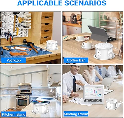 Miniatura 6 de Toma de corriente desplegable con cargador inalámbrico de 15 W, 4 enchufes de CA, 1 USB-A y 1 USB-C, ojales de alimentación de escritorio eléctrico