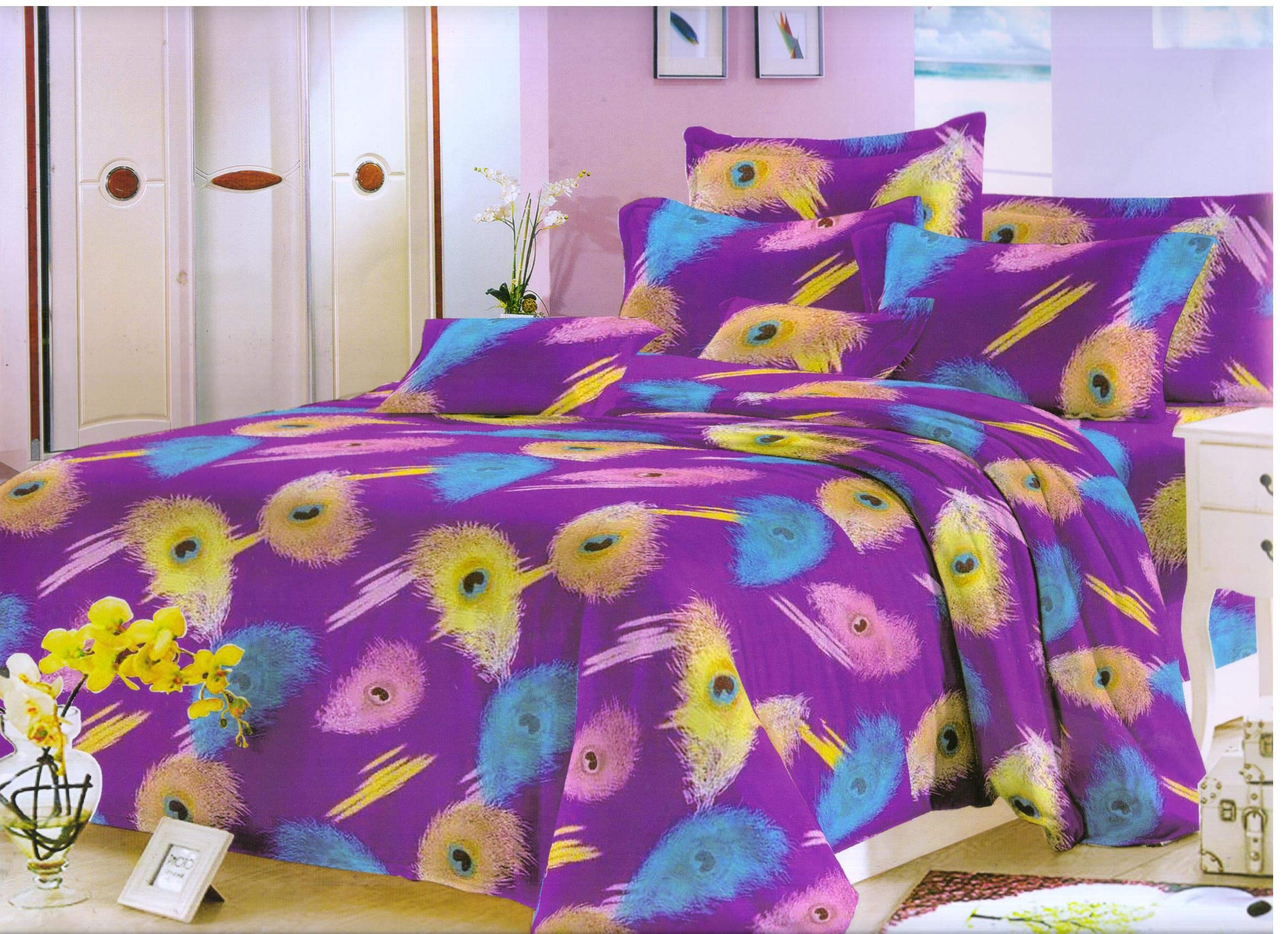 BhaiJi BedSheet Flannel Warm Sheet for Double Bed with 2 Pillow Covers for Winters - Purple Feathers