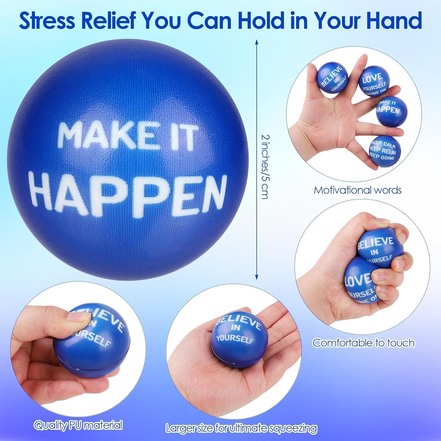 Aneco 80 Pcs Motivational Stress Balls, 2 Inch Foam Ball with Inspirational Quotes, PU Stress Relief Foam Squeeze Balls with Motivational Languages for Office and Home Use Party Favors, Dark Blue