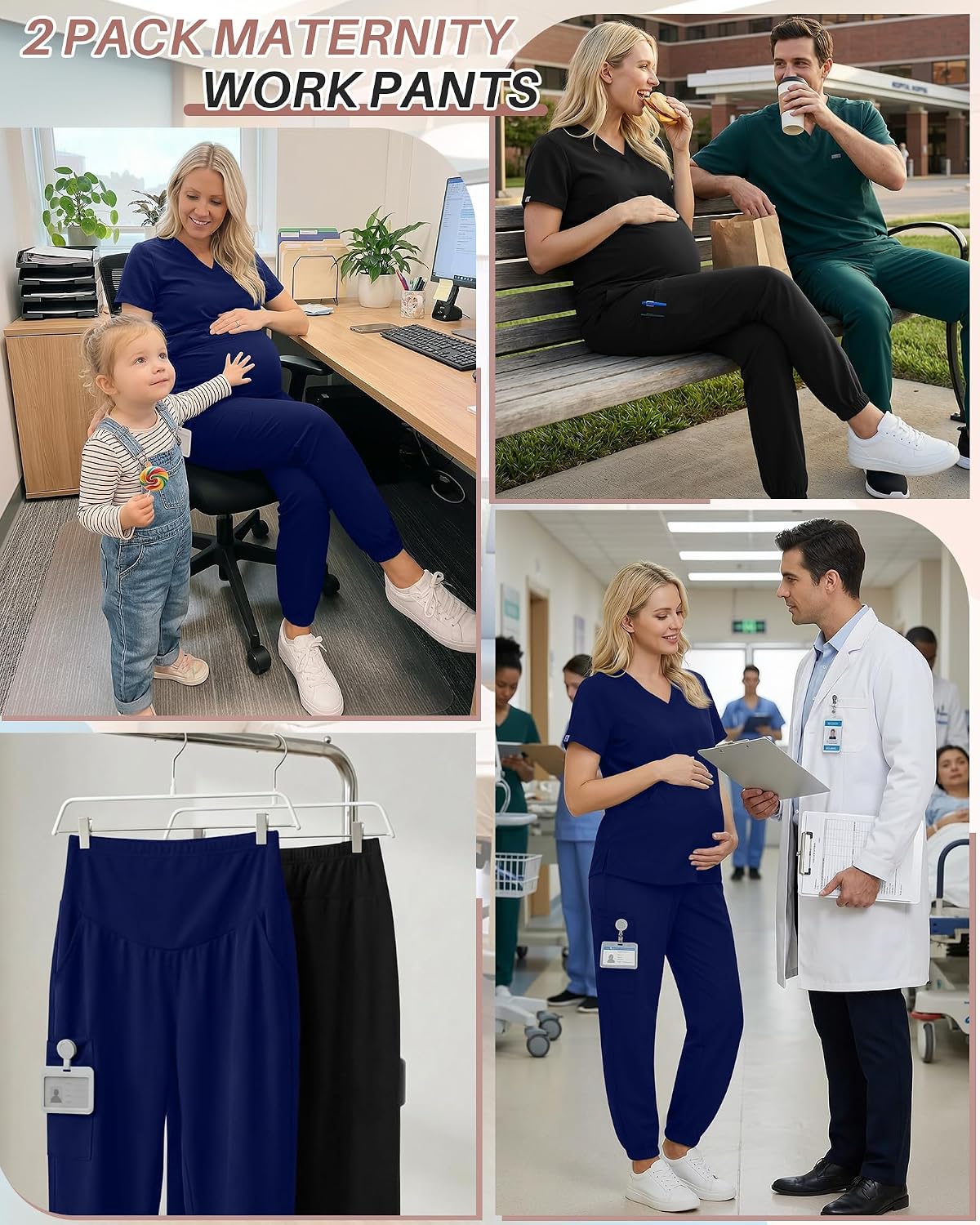 Oakgarden 2 Pack Women's Maternity Scrub Pants with 6 Pockets Maternity Joggers Pregnancy Stretchy Soft Workwear Bottoms