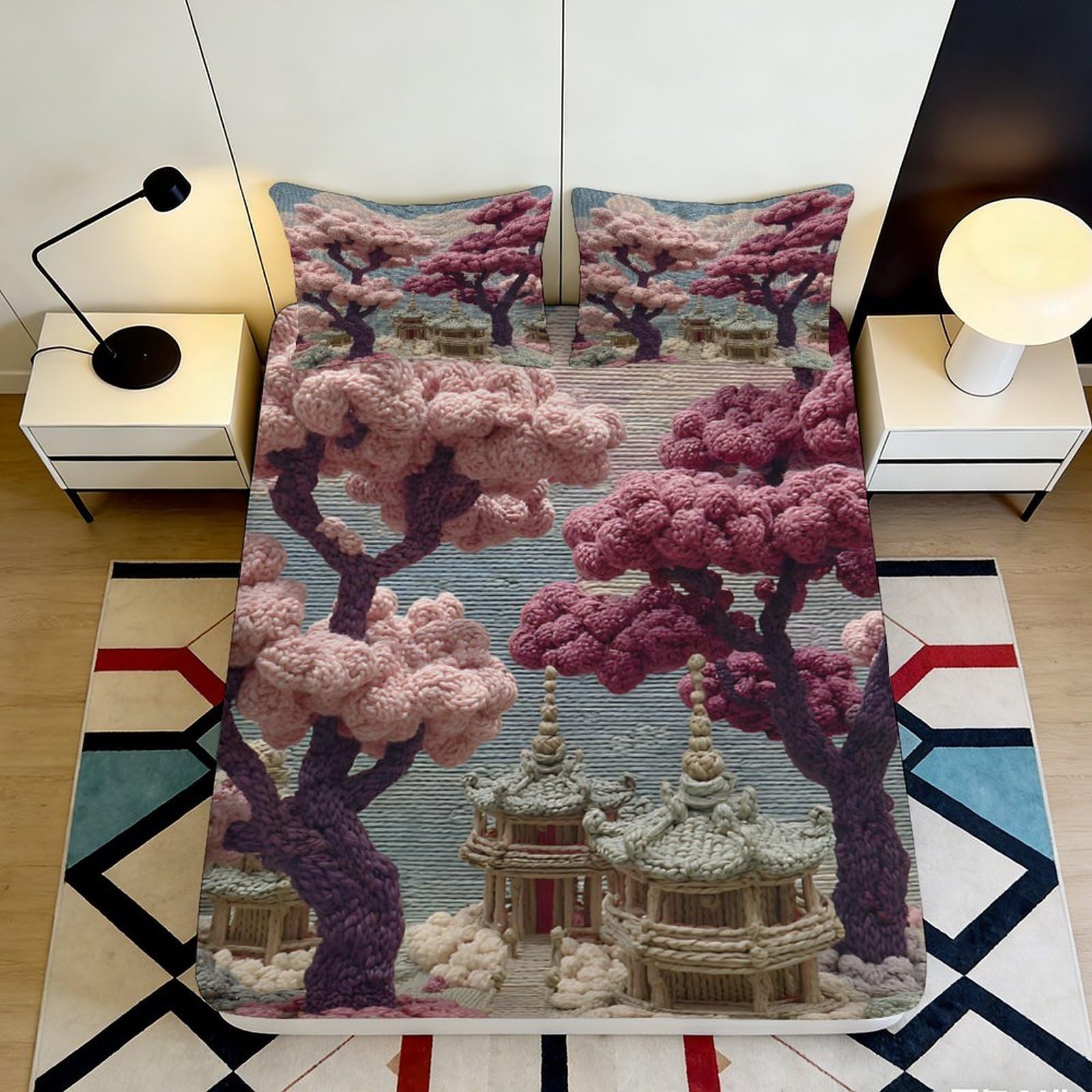 3D Printed Pink Sakura Garden Fitted Sheet Microfiber Soft Oriental Pagoda Bed Cover for Bedroom Guest Room Decor 90x200x25cm