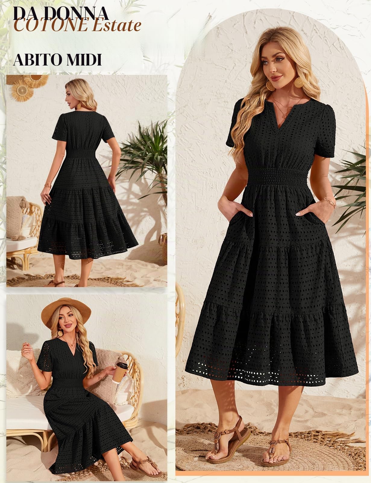 Vestiti Donna Estivi Lunghi Elegante Vestito Cotone Scollo a V Maniche Corte Abiti a Tinta Unita Casual Lungo Abito Mare da Spiaggia con Tasche Vita Elastica A Linea
