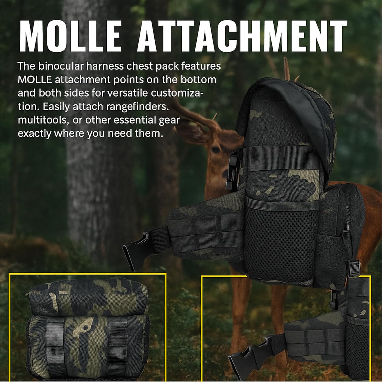 Tactical Binocular Harness Chest Pack, Bino Case Waterproof MOLLE Strap System, Rangefinder Pouch with Magnetic Closure, Camouflage