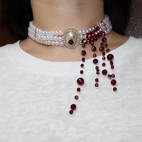 Miniatura 3 de 3 Layer Necklace for Women, Gothic Imitation-pearls Choker, Bloody Tassels Necklace, Cosplay, Halloween, Horror Jewellery, Dripping Blood Vampire
