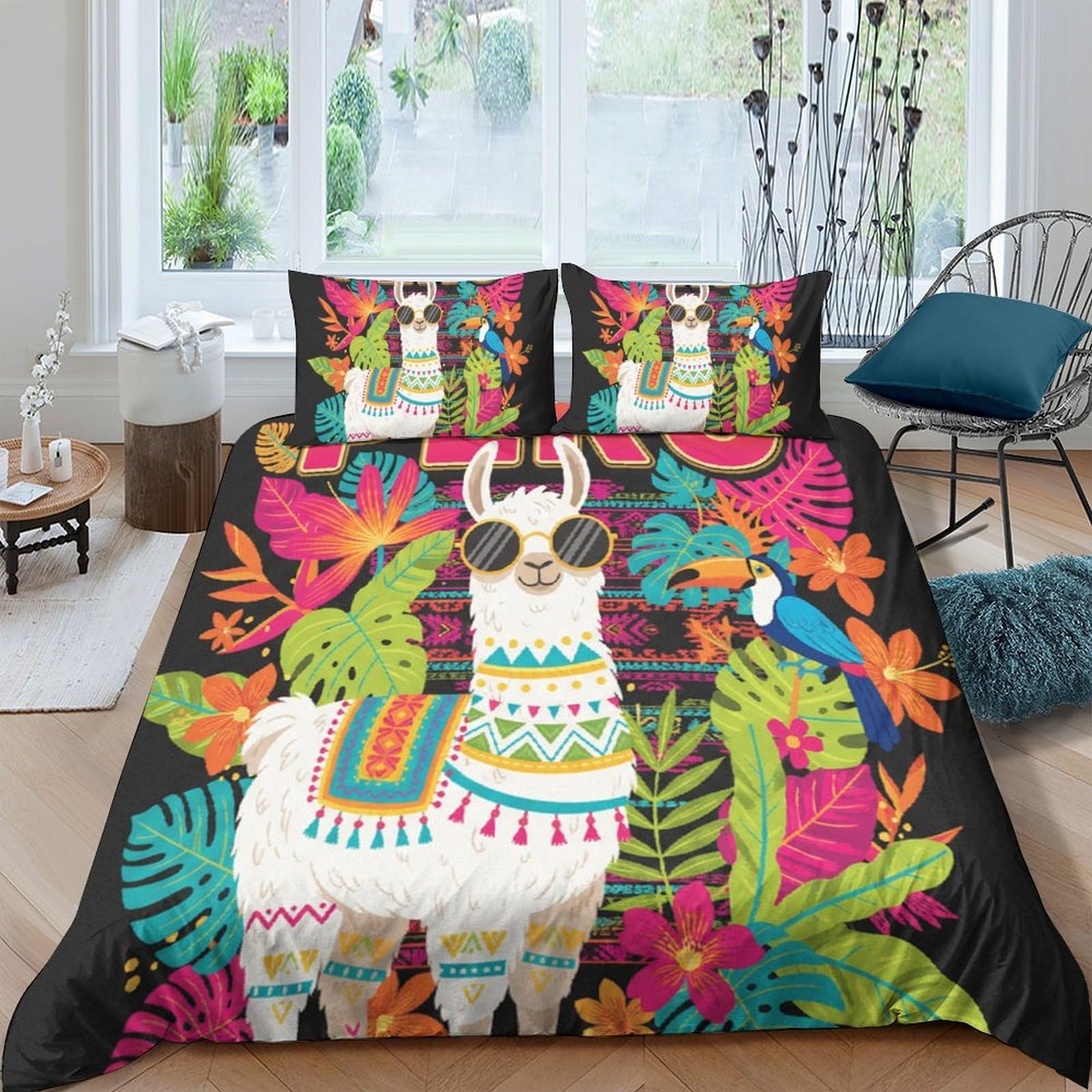 Ctjqhvkz Style-3 3D Printed Colorful Llama Fitted Sheet Microfiber Soft Tropical Leaves Bed Cover For Bedroom Guest Room Decor Single（135X200cm）