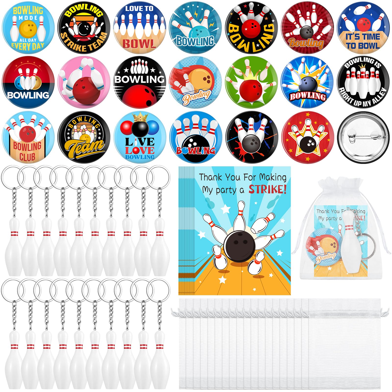 Kenning 20 Sets Bowling Themed Gift Sets Party Favors Bowling Pin Brooches & Keychains with Cards and Organza Bags for Bowlings Lovers Family Friends Gift Exchange