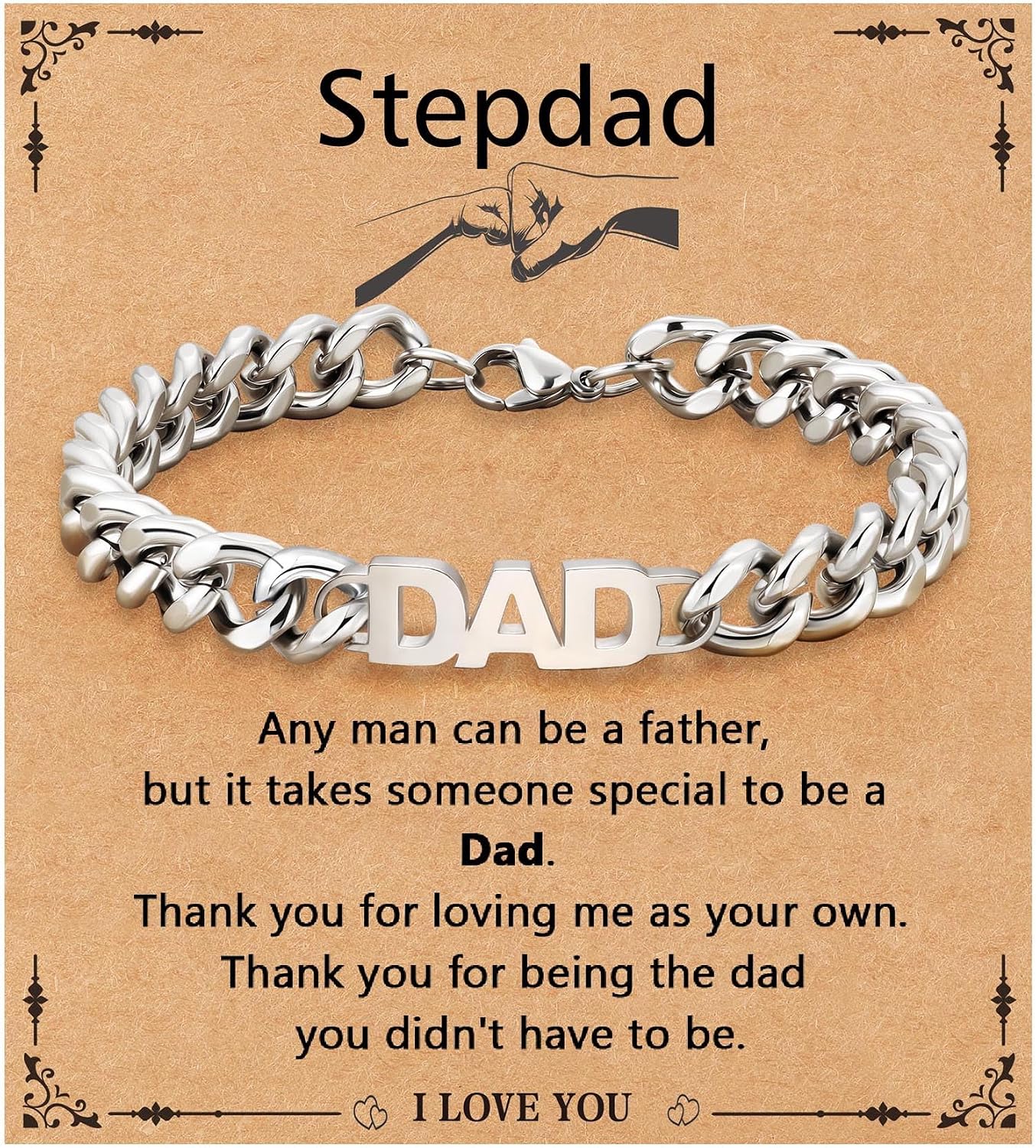 Bracelet for Dad/New Dad/Daddy/Papa/Stepdad/Son, Birthday Gifts Stainless Steel Cuban Chain Jewelry for Men 8.2 Inches